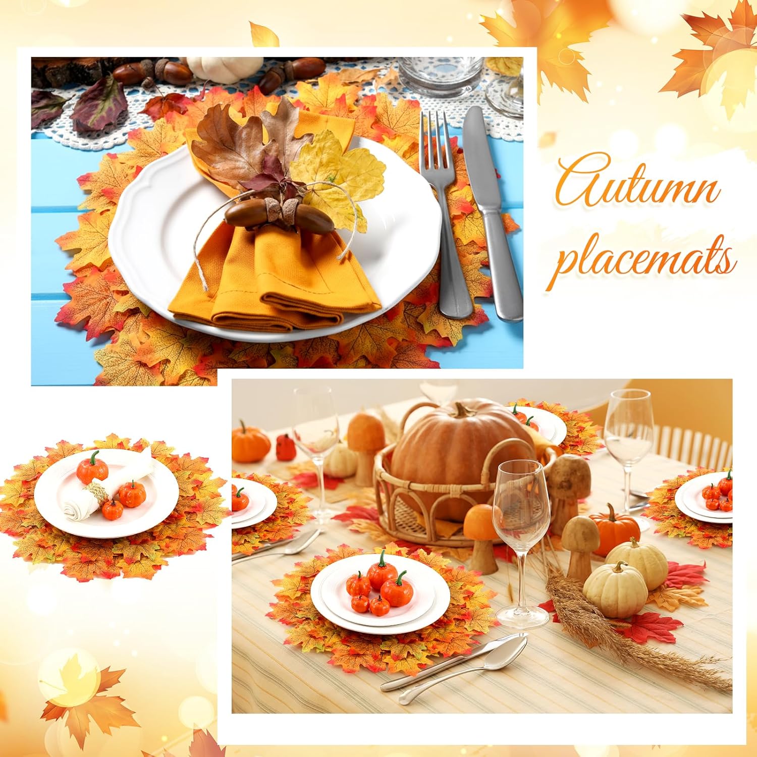 Bokon Thanksgiving Placemats Set of 8, 17.75 Inch 3D Round Lager Maple Leaf Placemats with Artificial Autumn Leaves for Thanksgiving Decoration Harvest Dinner Home Dining Table Holiday Wedding Party