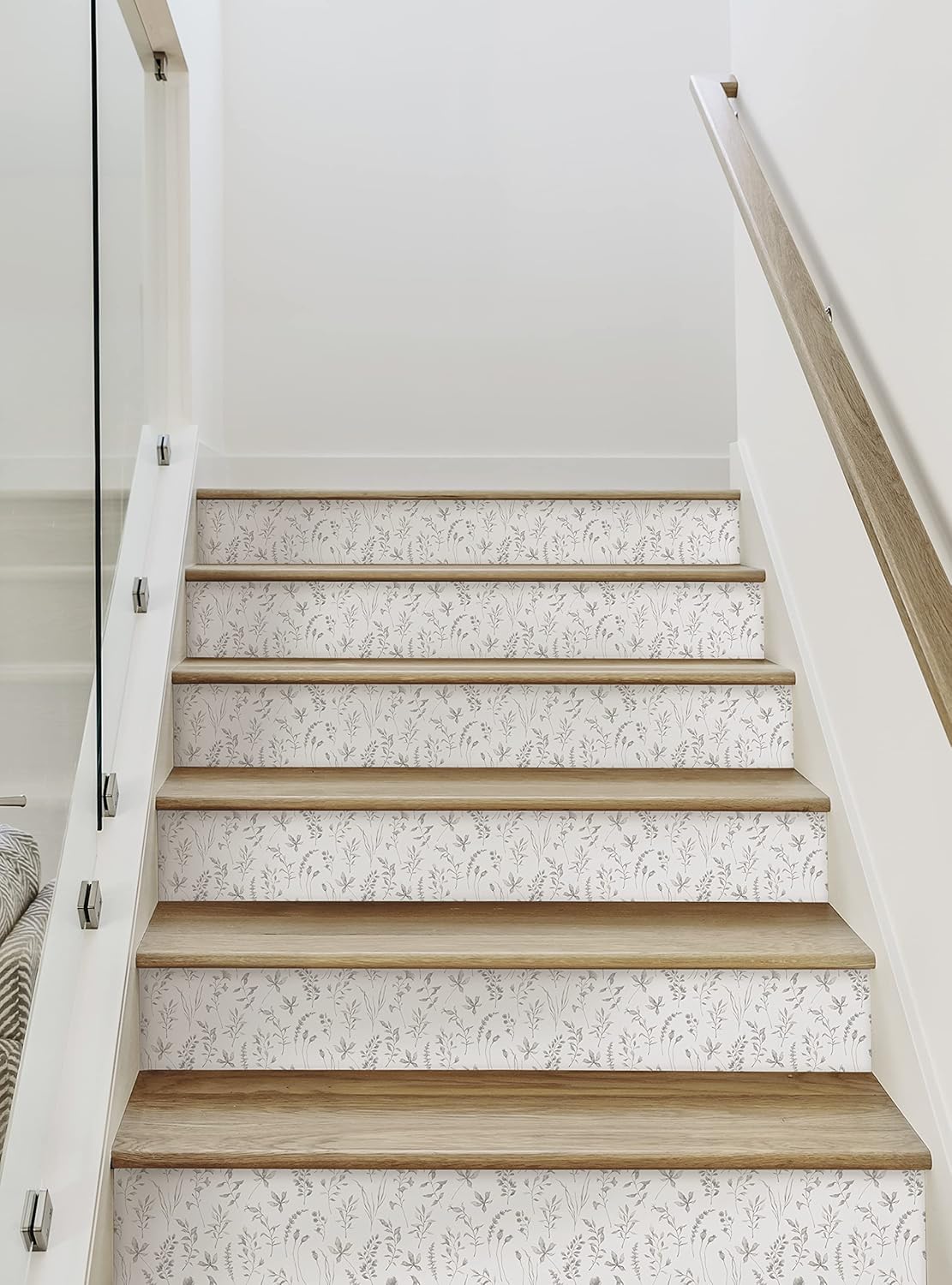 Watercolor Botanical Leaves Peel and Stick Stair Riser Strips (Grey, 6 Pack - 48" w x 6.5" h)