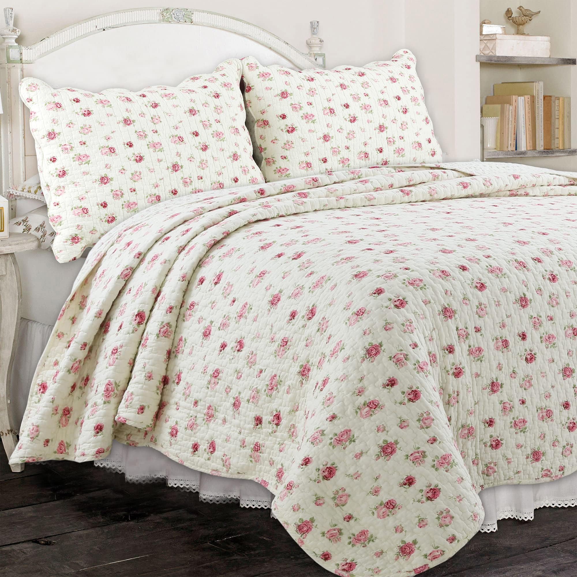 Cozy Line Home Fashions Pink Rose Garden Floral 100% Cotton Reversible Coverlet Bedspread Quilt Bedding Set (Ivory Rose, Queen - 3 Piece)
