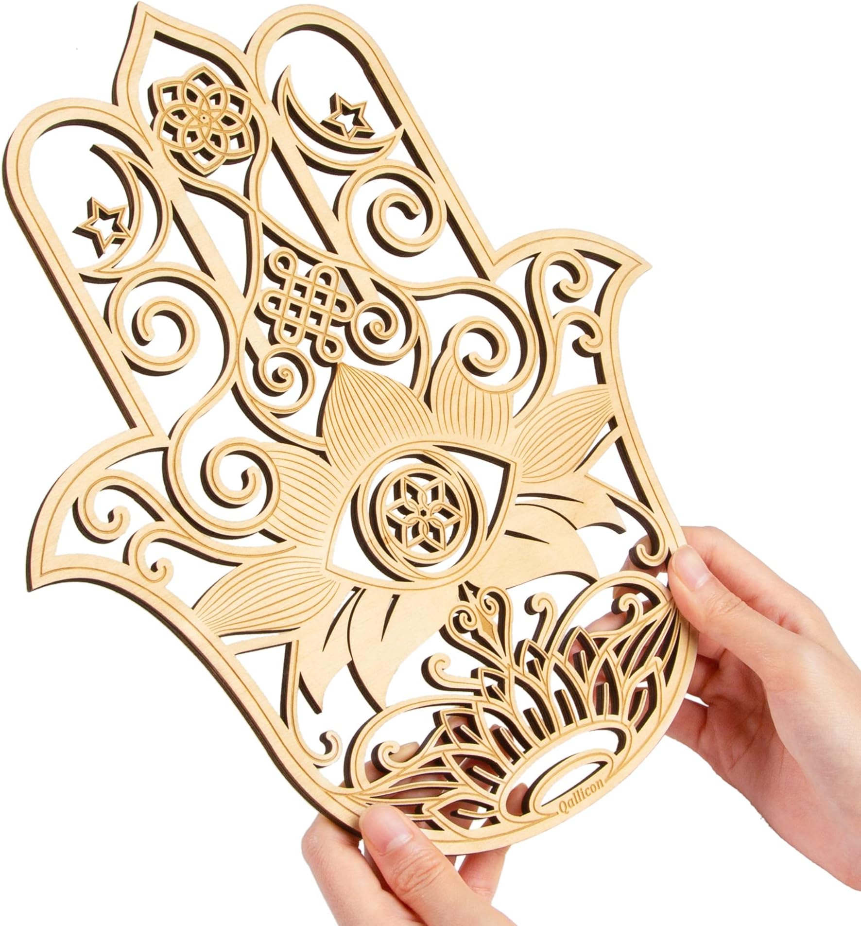 Qallicon 11.5" Wooden Hamsa Wall Decor, Sacred Geometry Wall Art, Meditation Chakra Wall Sculpture Art Symbol Spiritual Wall Decor Yoga Gifts Crystal Grid Board (Hamsa Hand)