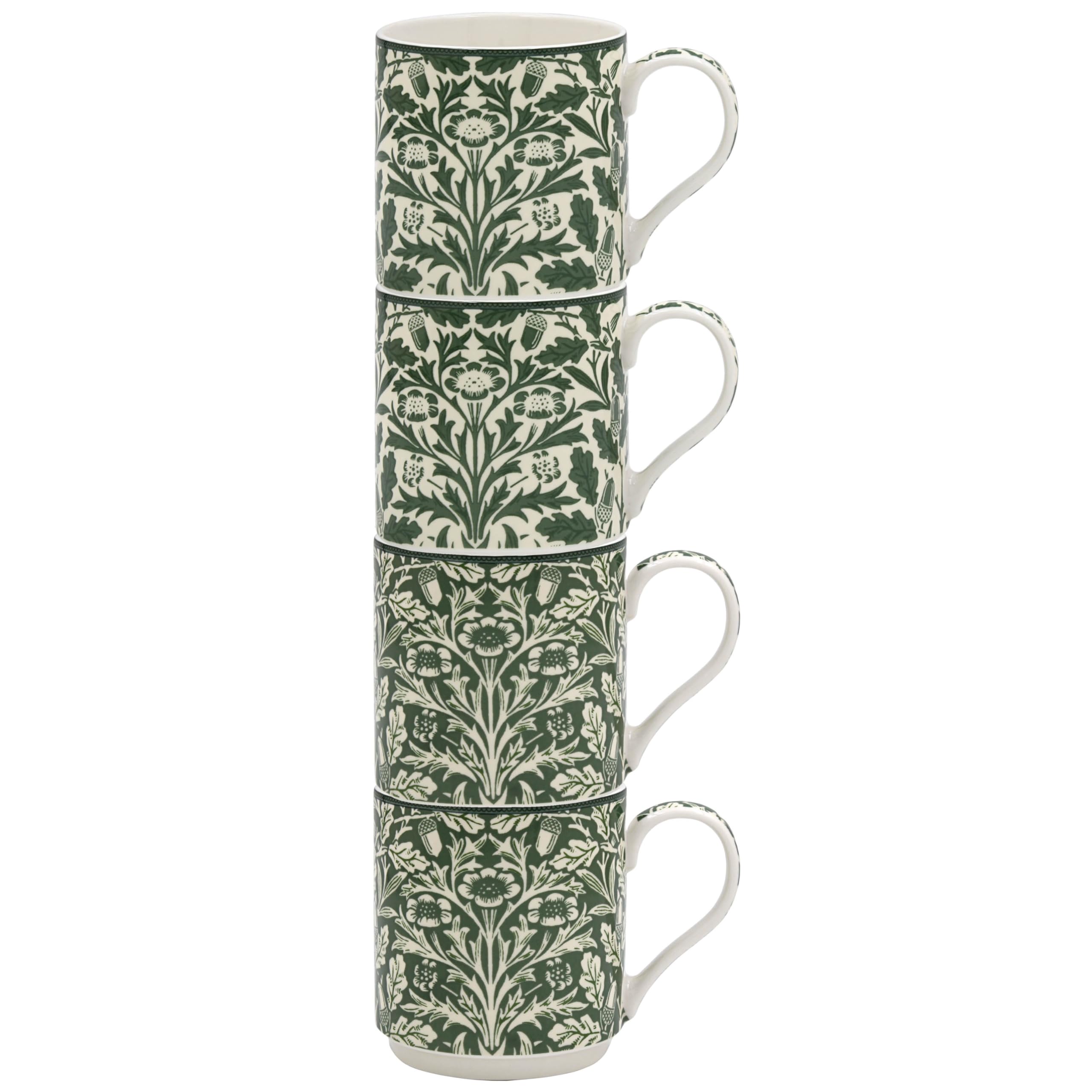 The Leonardo Collection William Morris Acorn Stacking Mugs Set 4 300ml for Coffee, Tea and Hot Drinks | Fine China Coffee Mugs for Daily Use | Practical Drinkware Gifts for Women & Men