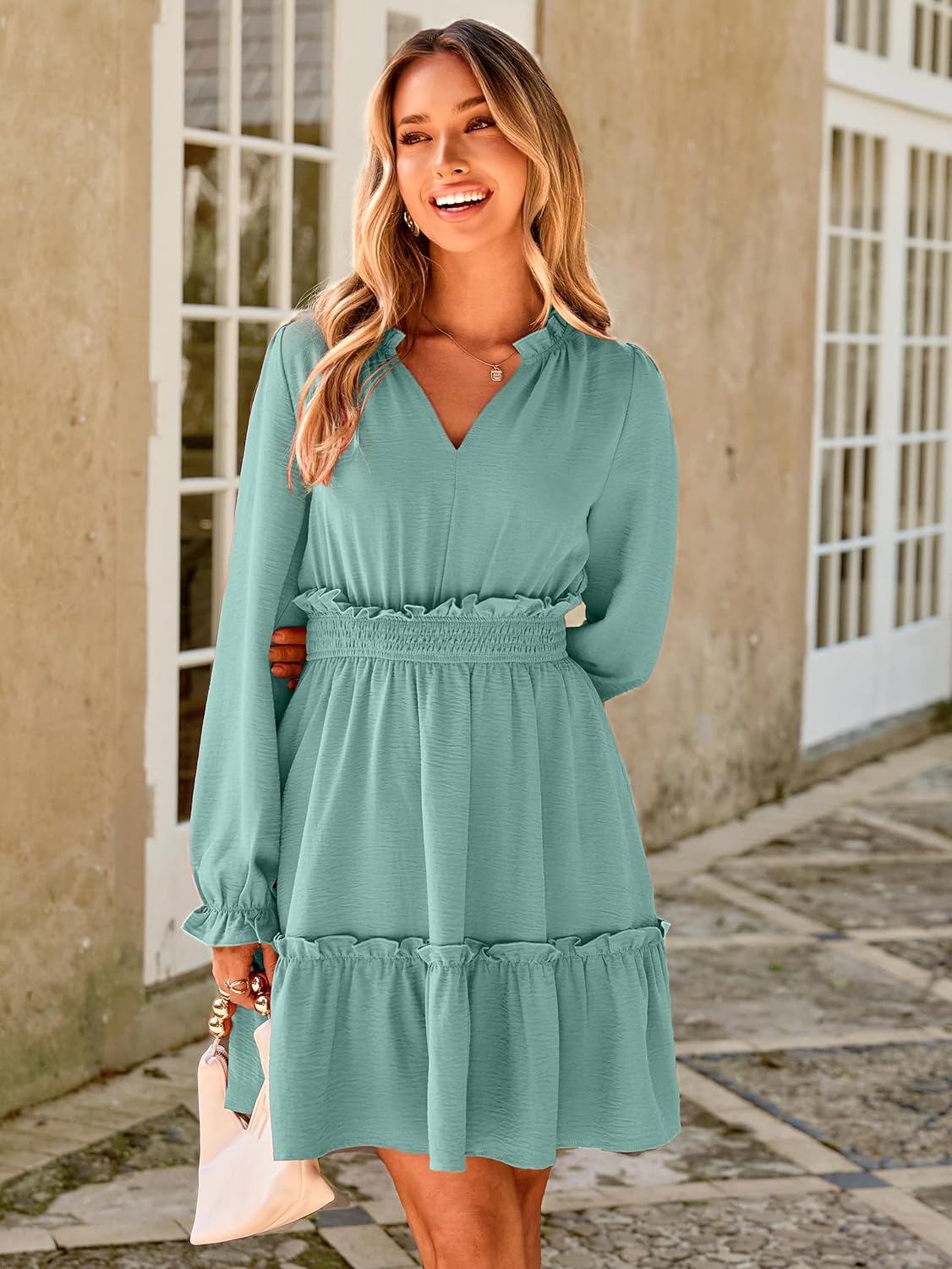 BerryGo Womens Long Sleeve Mini Dress Casual Ruffle Fashion V Neck High Waist A Line Flowy Boho Short Fall Dresses - Image 6