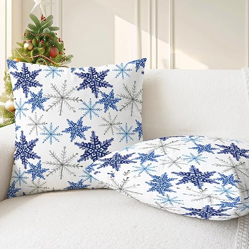 Miniatura 5 de CaliTime Juego de 2 fundas de almohada navideñas con estampado de copos de nieve, fundas de cojín para sofá y decoración del hogar, 18 x 18