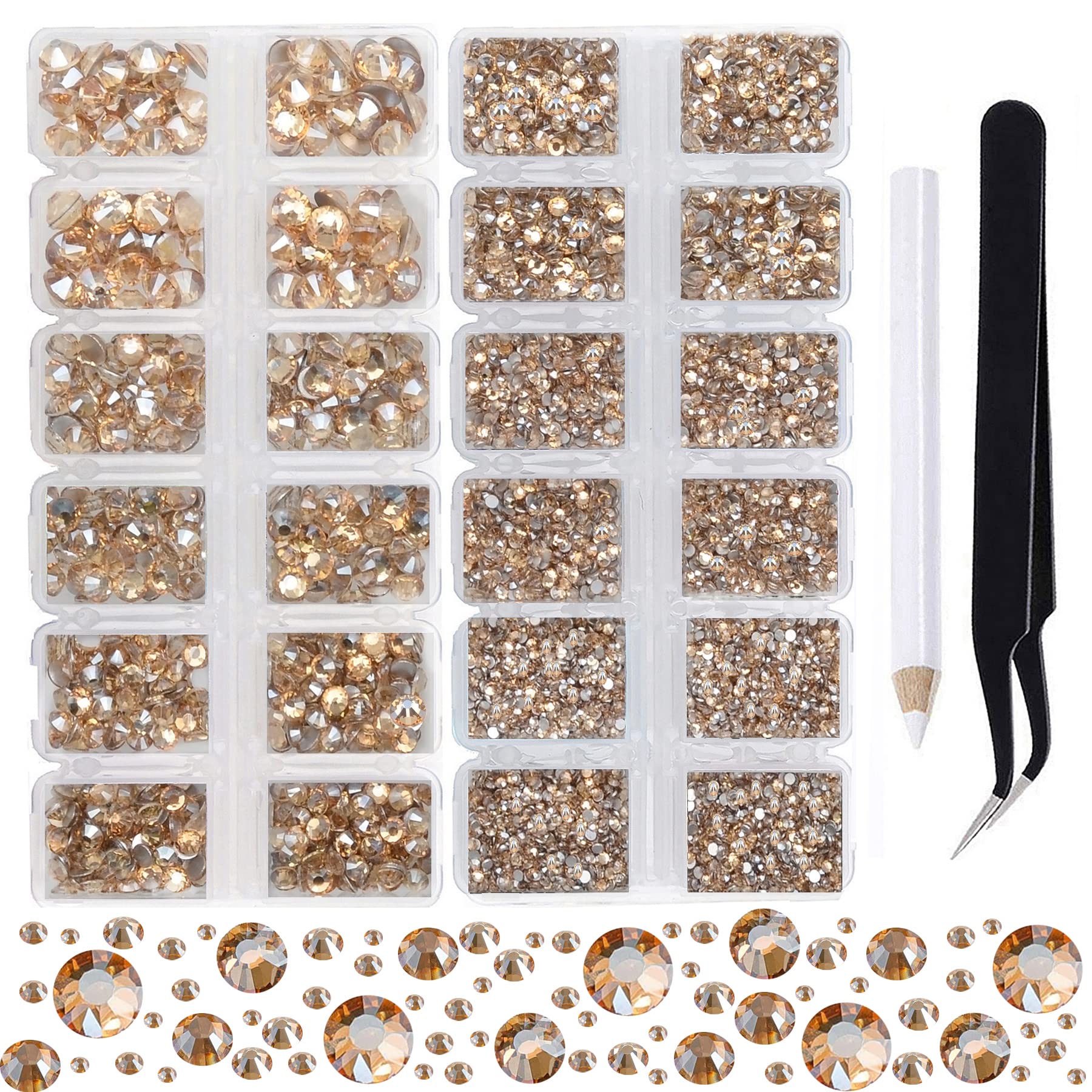 2-Box Massive Beads 8000pcs 6Sizes Nail Art Flatback Glasses Rhinestones Crystal for DIY Project with Tweezers and Picking Pen for Nail Art, Face Art, Manicure (Golden Champagne, 6 Sizes)
