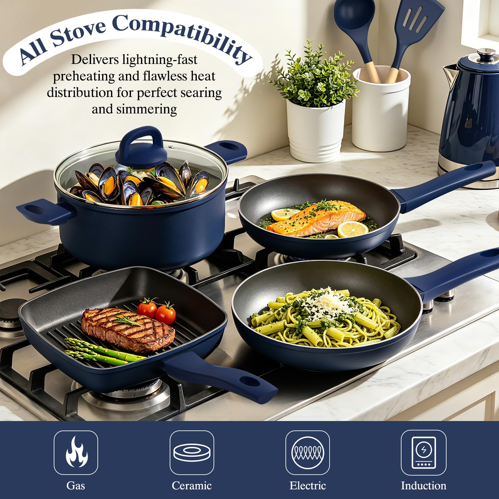 Pots and Pans Set Nonstick, Umite Chef Kitchen Non Stick Induction Cookware & Bakeware Set - 31 PCS Cooking Pans Set with Frying Pans & Utensil, Sturdy & Easy to Clean & PFOA Free (Navy Blue) view 4