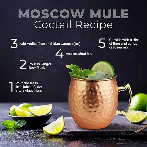 Miniatura 6 de PG Moscow Mule Tazas – Tamaño grande 19 onzas – Juego de 2 tazas martilladas – Forro de acero inoxidable – Chapado en cobre puro – Mango de latón