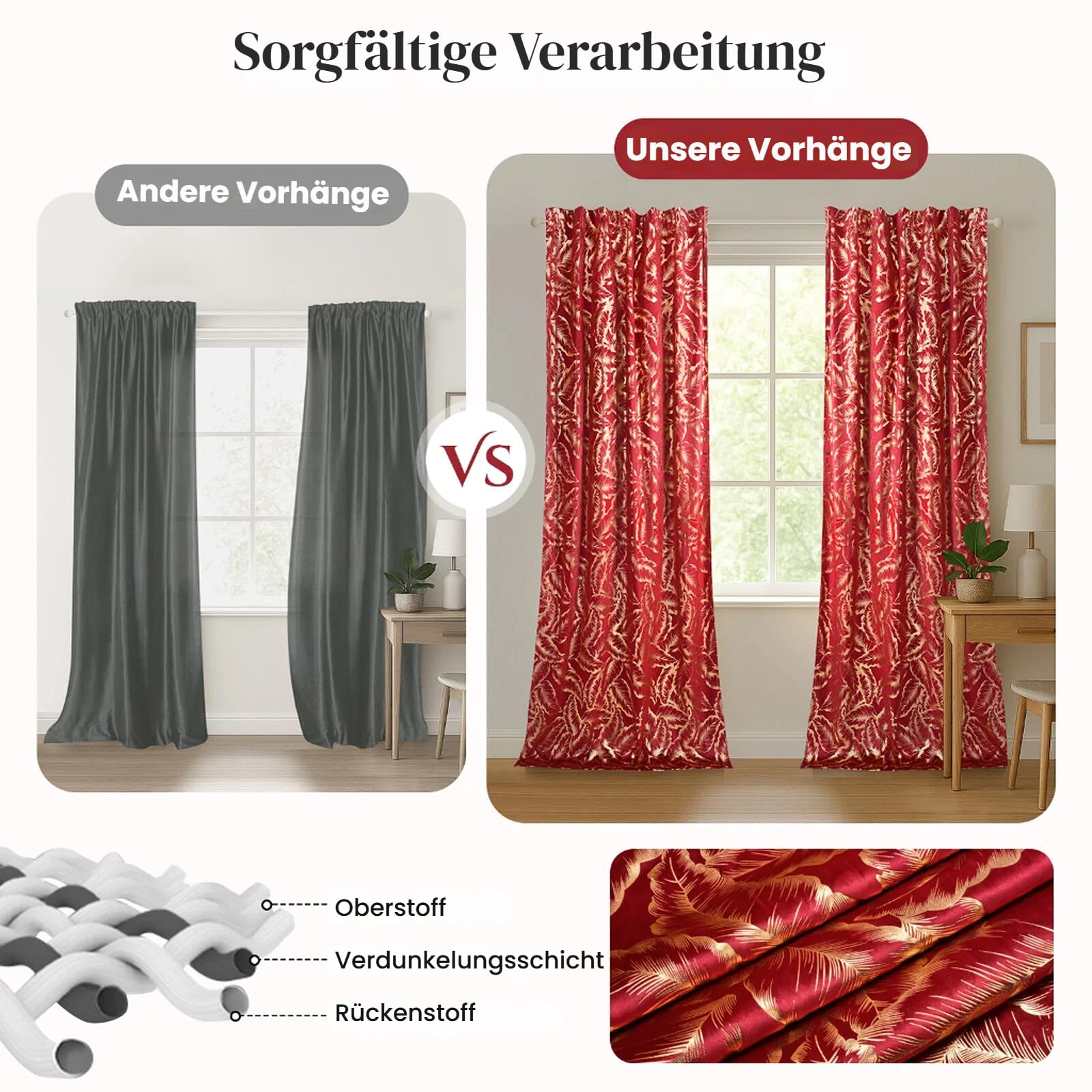 Lot de 2 rideaux en velours avec motif feuilles dorées - Beaux rideaux en velours - Opaques - Avec ruban fronceur - Pour salon, chambre à coucher - H 274 x l 132 cm - Rouge Noël