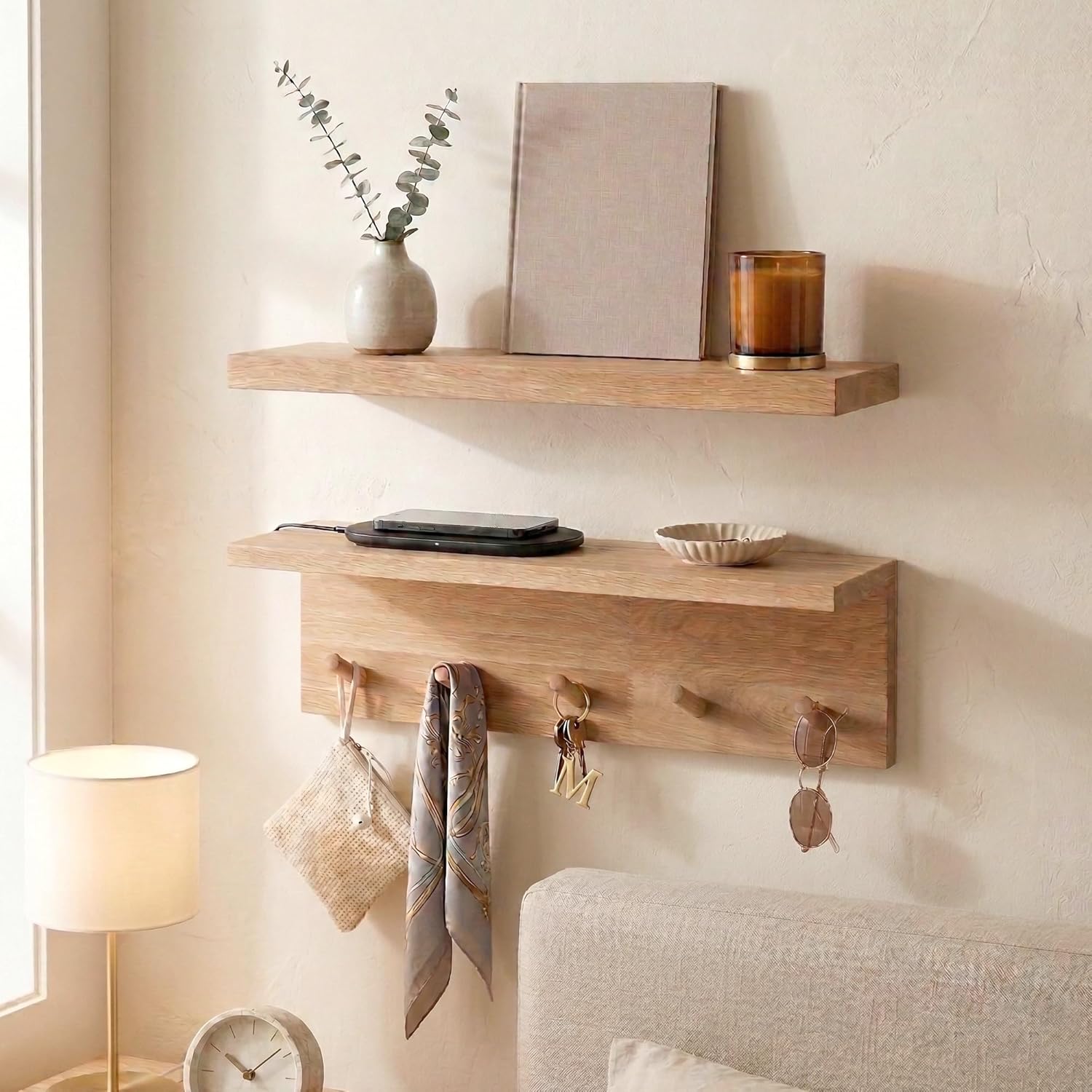 Floating Shelves Wall Mounted with Hooks Wood Coat Rack for Entryway Kitchen Bedroom Bathroom Living Room Wooden Shelf Storage Organizer for Book Photo Plant Clothes Hats Towel