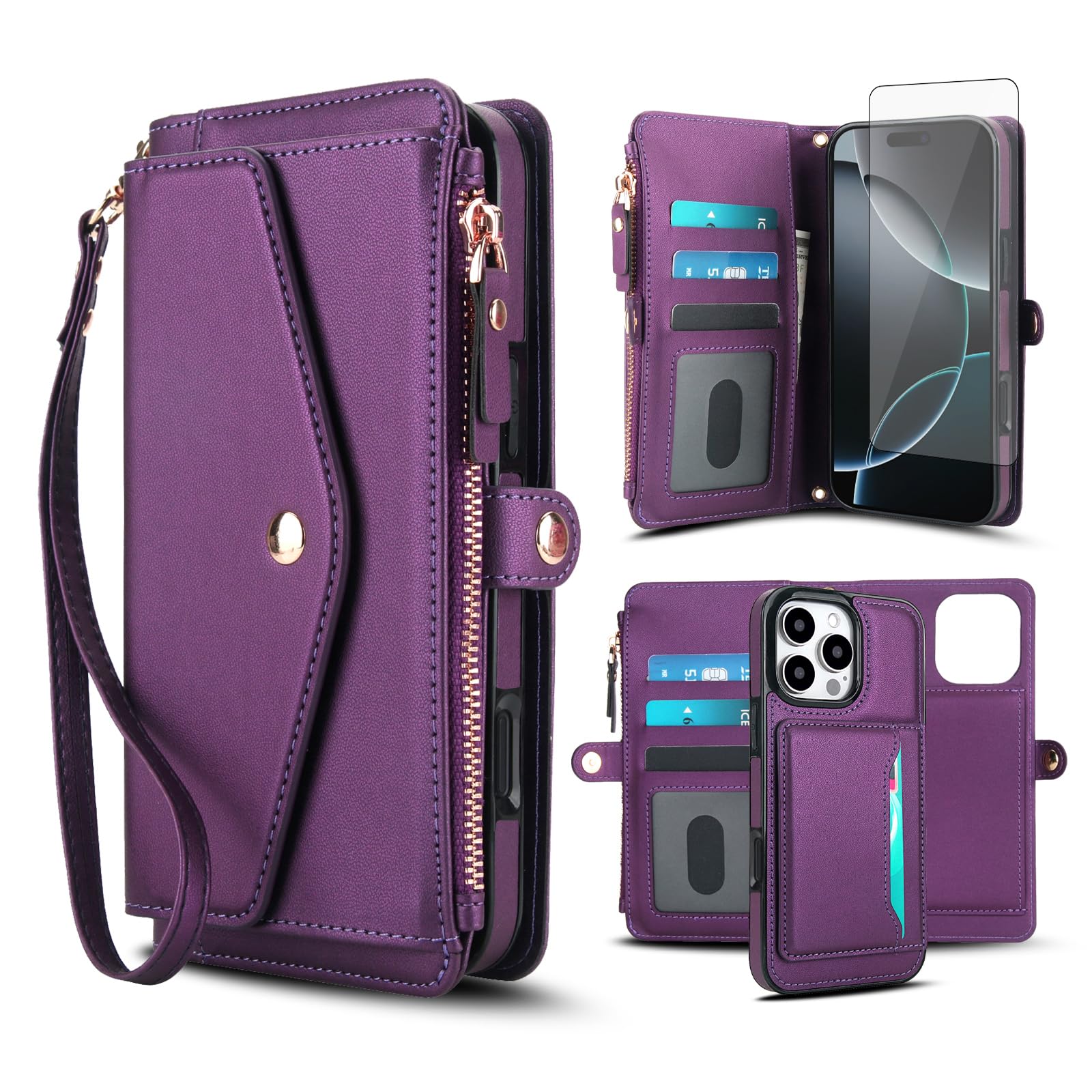 Phone Case for iPhone 16 Pro Max 6.9 inch Wallet Cover Compatible with RFID Screen Protector Crossbody Lanyard Strap Flip Card Holder Slot Zipper i