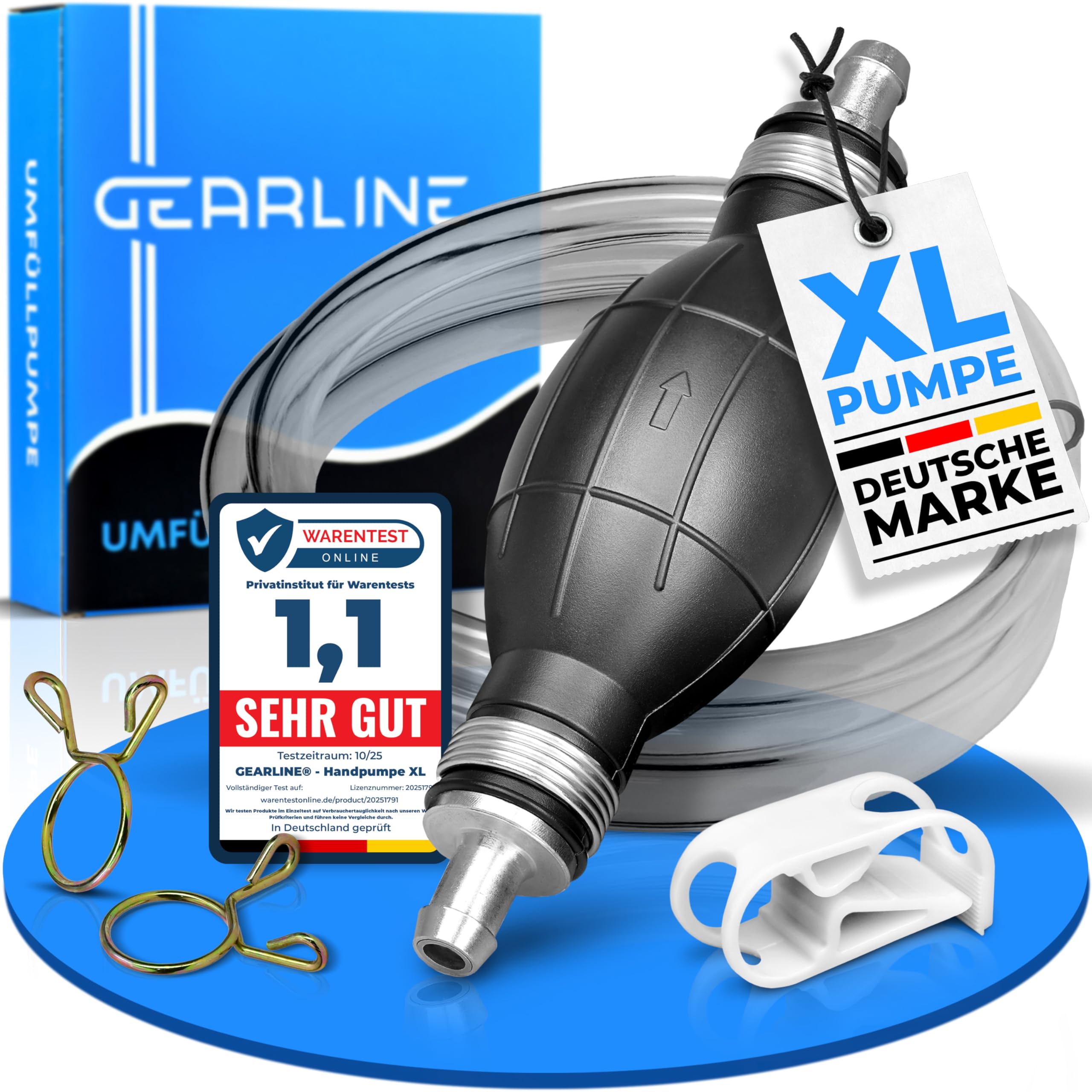 GEARLINE® Handpumpe [2Meter] - XL Umfüllpumpe Inkl. Flüssigkeitsregler zum Umfüllen von Wasser, Benzin, Diesel und Öl - Schlauchpumpe Kraftstoffresistent mit Vakuumfunktion