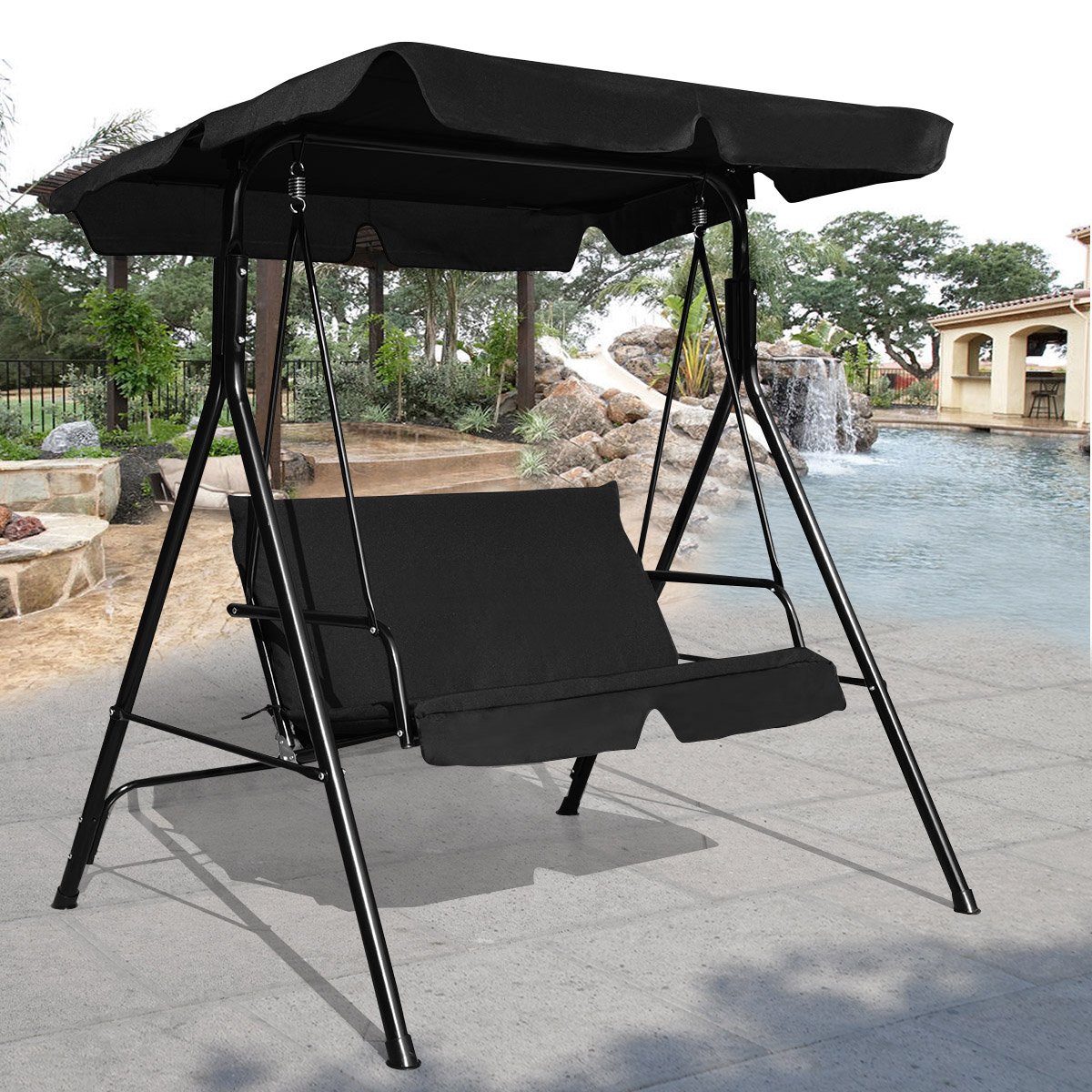 Dondolo Da Giardino 2 Posti COSTWAY Con Tenda Oscurante - 140x120x153cm, Colore Caffè - Foto 2