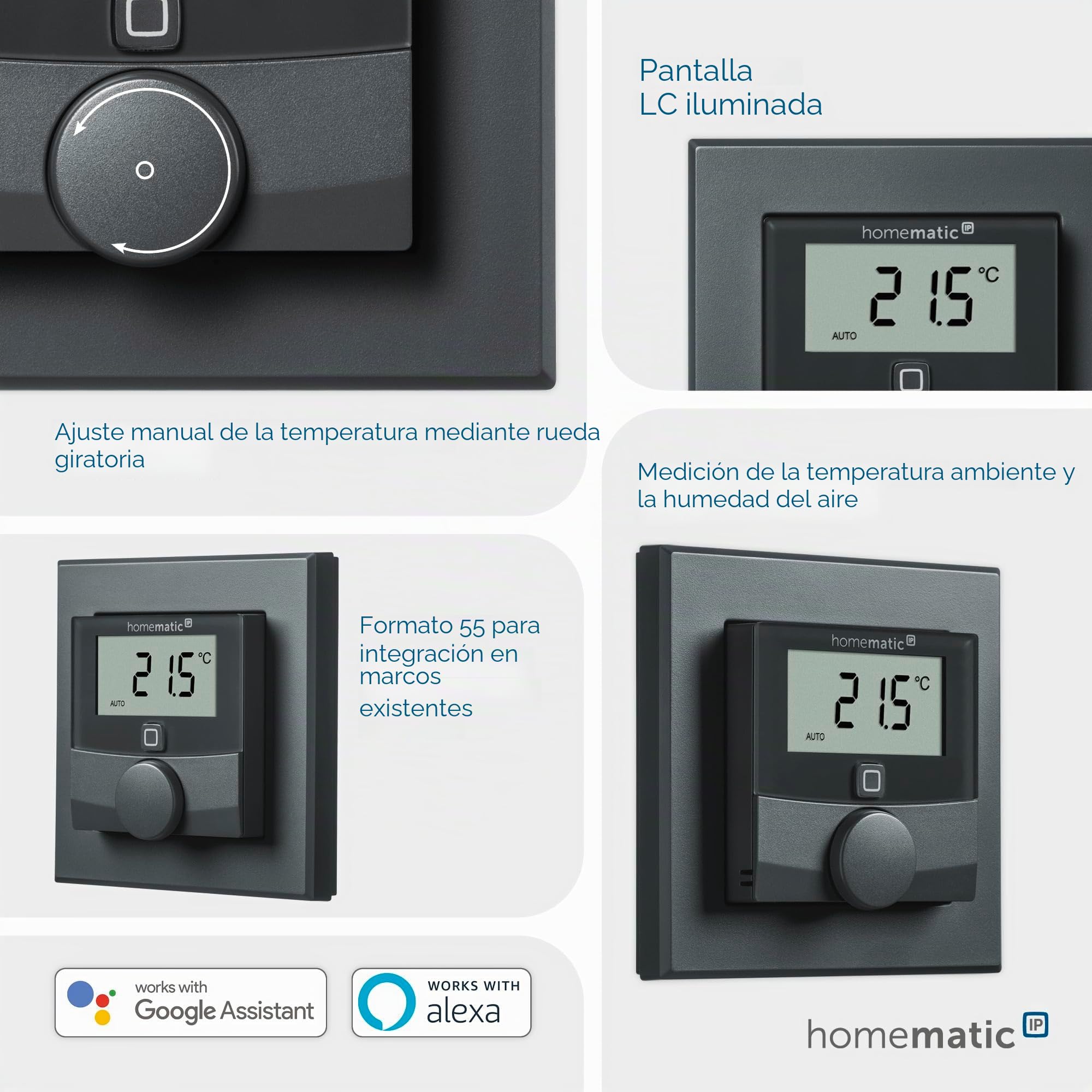 Homematic IP Smart Home 159820A0 - Termostato de pared con sensor de humedad, termostato digital, aplicación de calefacción por suelo radiante, Alexa, Google Assistant, medición de temperatura, ahorro