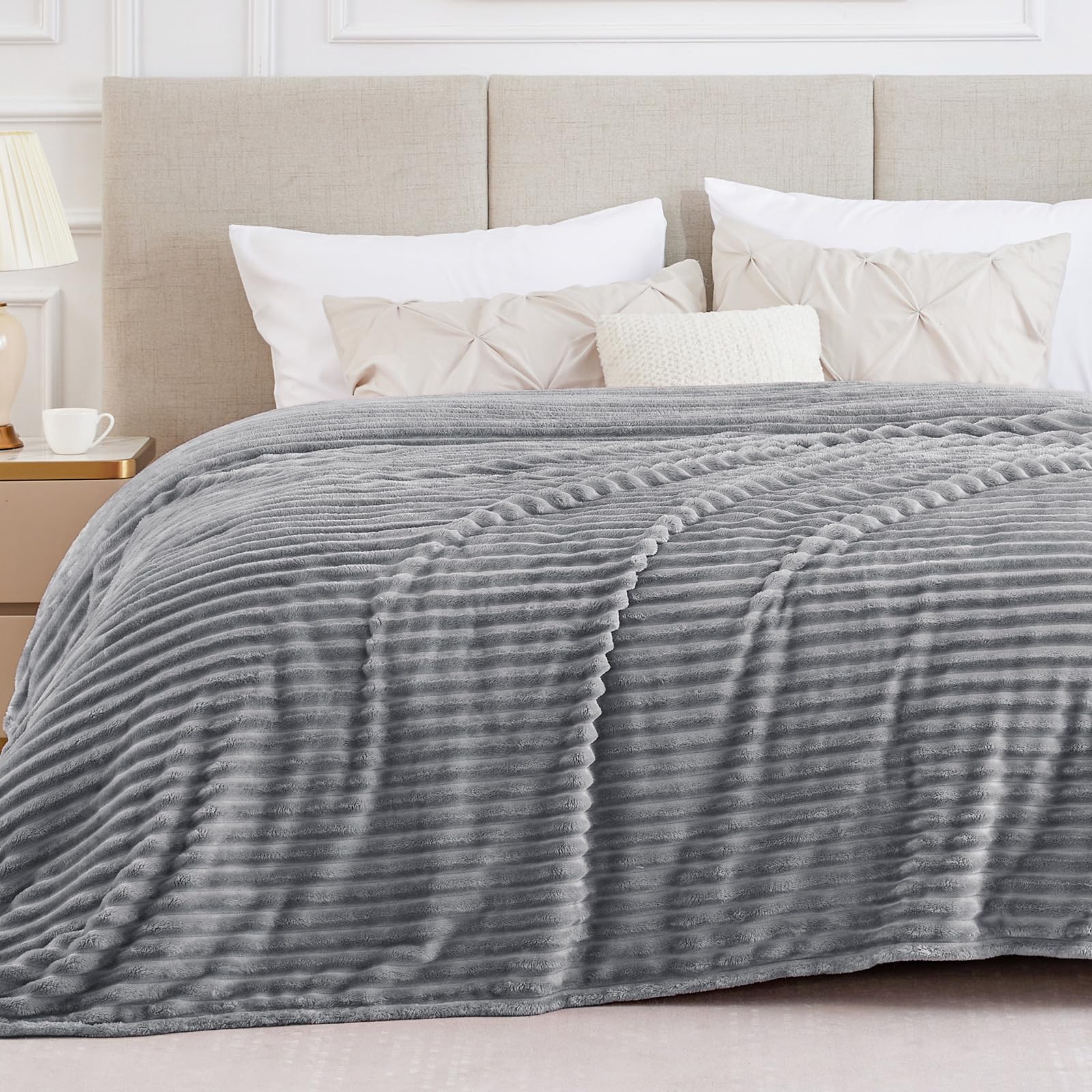 BEDELITE King Size Blanket for Bed, 300GSM Soft & Warm Fleece Blanket, Decorative and Giftable Striped Grey Blankets for Women, Men, 108"x90"