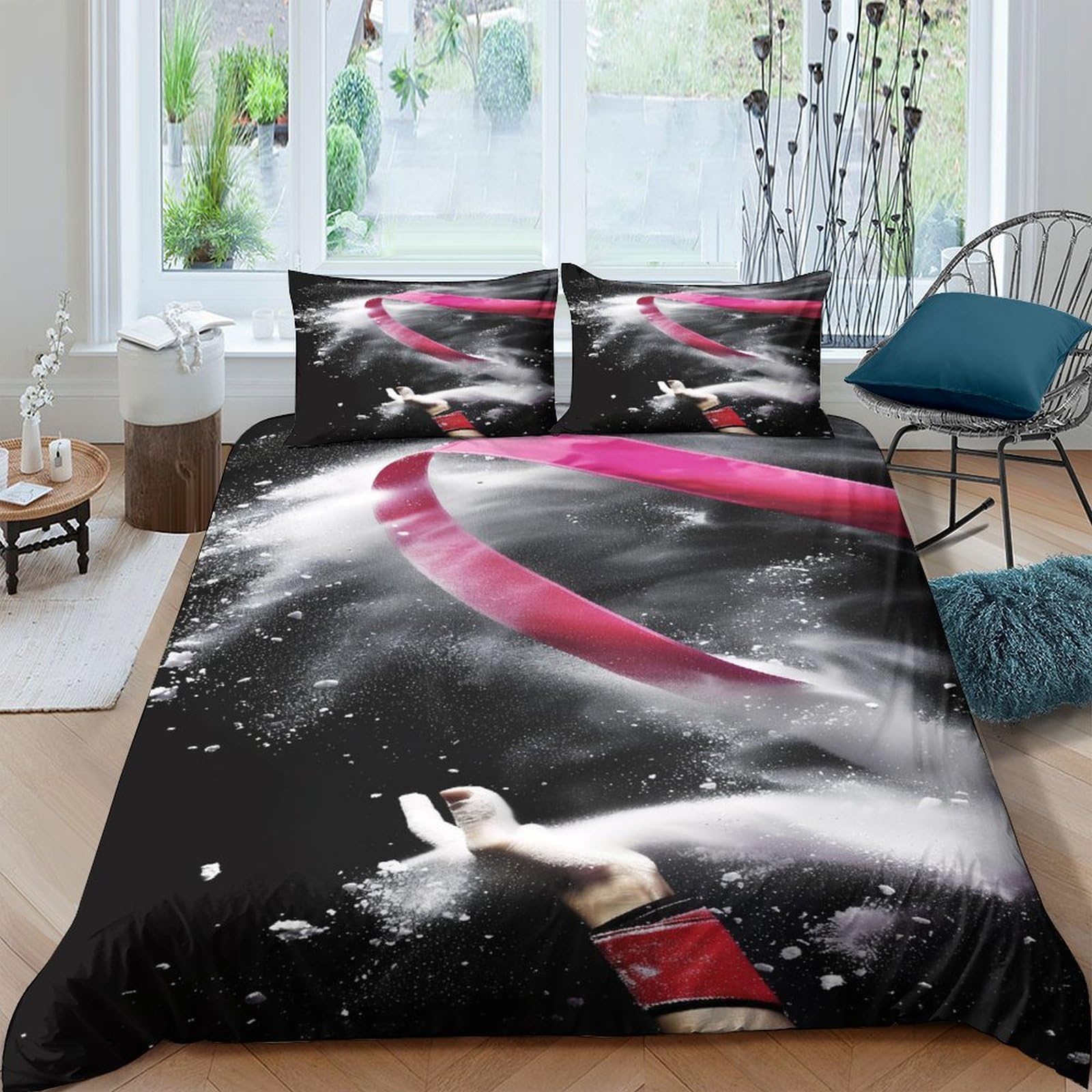Ctjqhvkz Style-6 3D Printed Gymnast Ribbon Fitted Sheet Microfiber Black Red Artistic Splash Mattress Cover For Bedroom Decor Single（135X200cm）