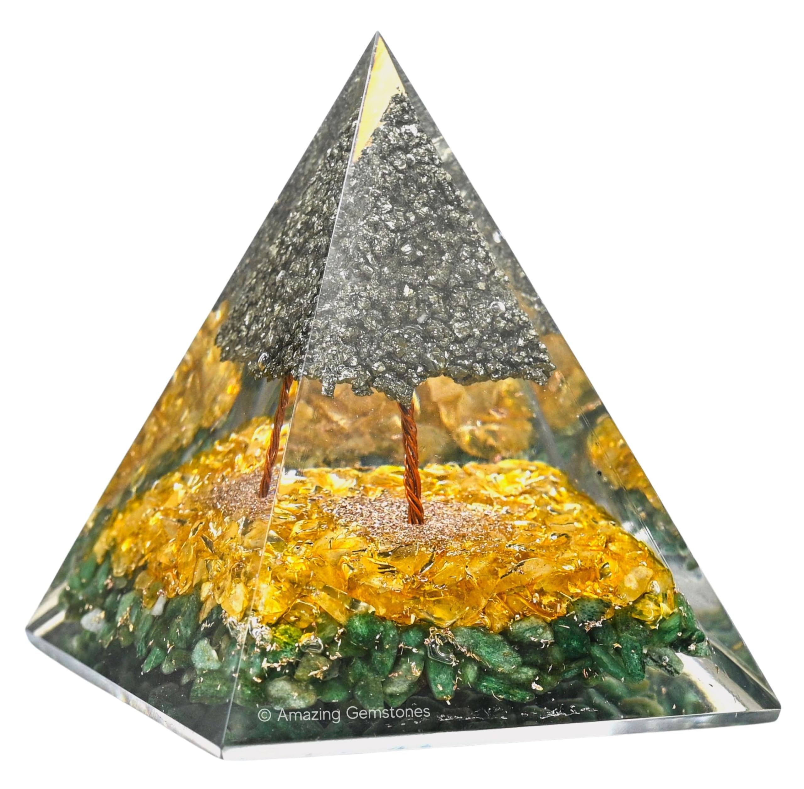 Amazing Gemstone Orgone Pyramid for Money with Pyrite Crystal Tree, Citrine and Green Aventurine Crystals and Healing Stones - Authentic Orgonite & Organite Gifts to Atrract Money Abundance Wealth