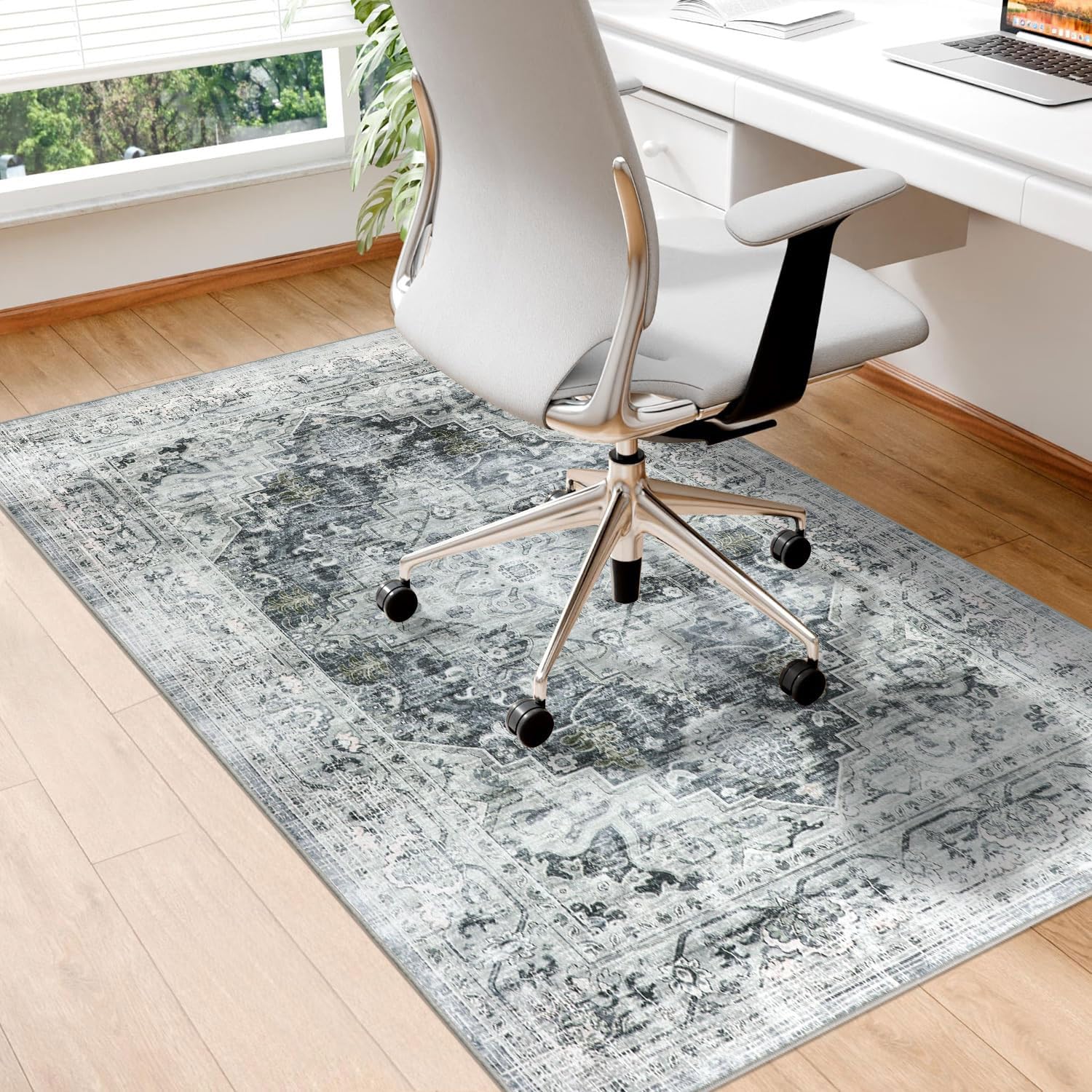 Homcomodar Bodenschutzmatte 90x120cm Stuhlmatten für Hartholzboden Boho Schreibtisch Stuhl Matte für Hartboden rutschfeste Schreibtisch Teppich für Bürostuhl(Grau)