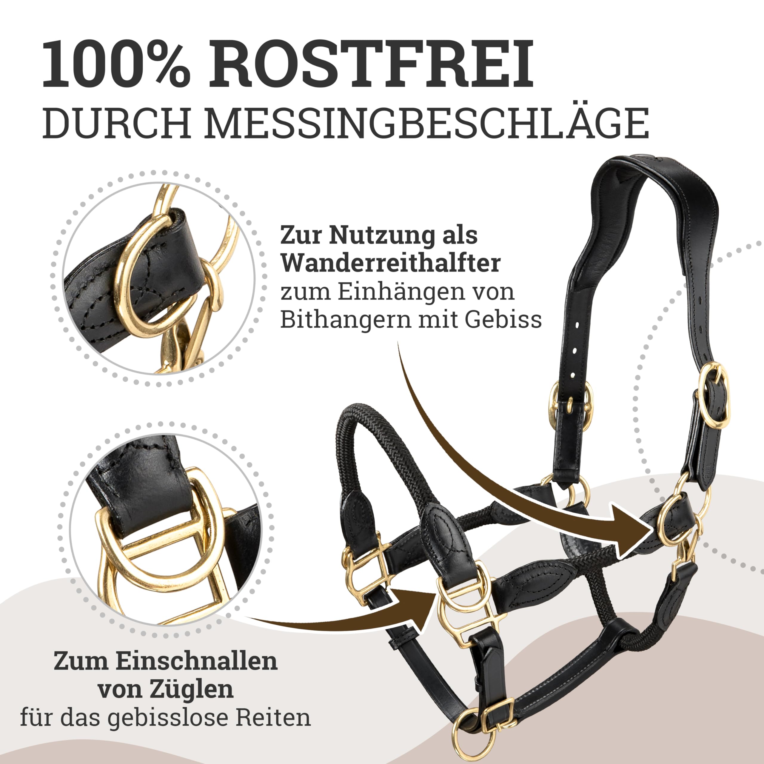 Esposita Seilhalfter Ranch Halfter für Pferde aus Leder und Seil mit rostfreien Messingbeschlägen auch ideales Halfter zum Reiten, als gebisslose Trense oder Wanderreithalfter Schwarz Gr. Full/WB