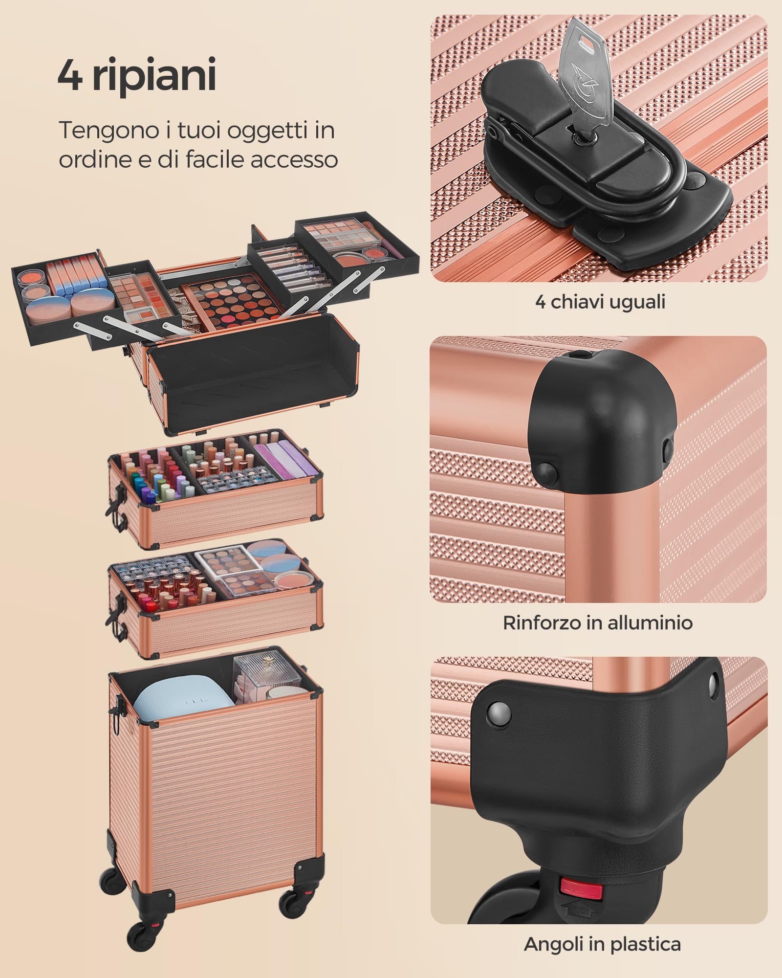 SONGMICS Valigia per il trucco professionale 3 in 1, valigetta cosmetica, bloccabile, ruote a 360°, per viaggi, manicure, truccatore, acconciatura, Oro Champagne, 4-en-1 (79,3H cm), Elegante