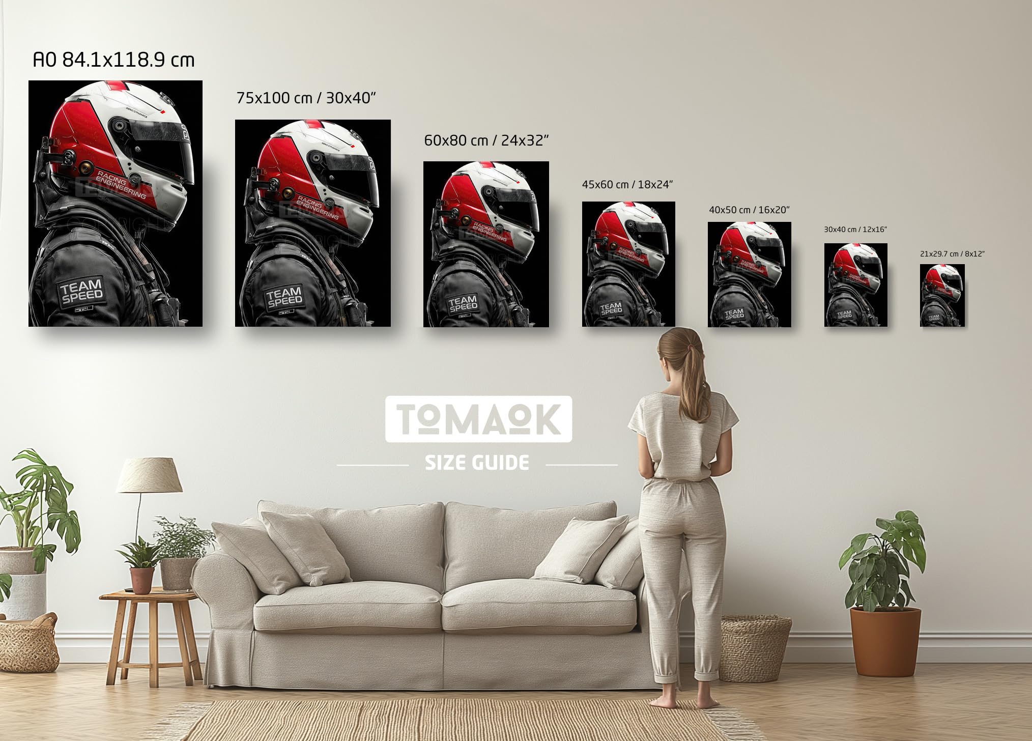 Tomaok® - Póster con impresión de cartel (marco no incluido), diseño de piloto de carreras de estilo futurista intenso, casco de carreras y espíritu circuito, decoración de fotos automotriz