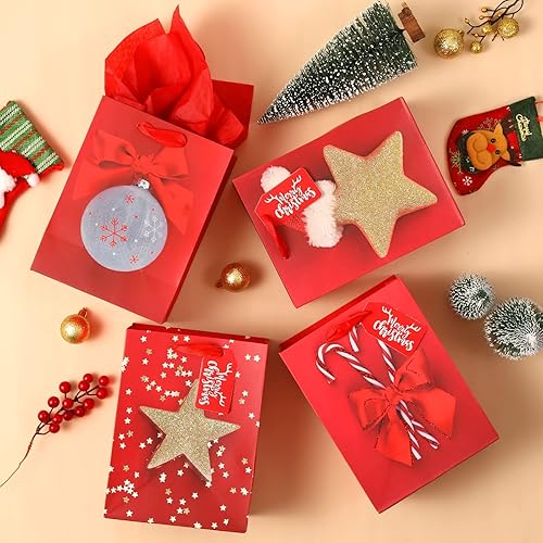 Miniatura 4 de Paquete de 4 bolsas de regalo de tamaño grande de 13 pulgadas, bolsas de regalo con patrón de Navidad surtido con papel de seda para decoración de