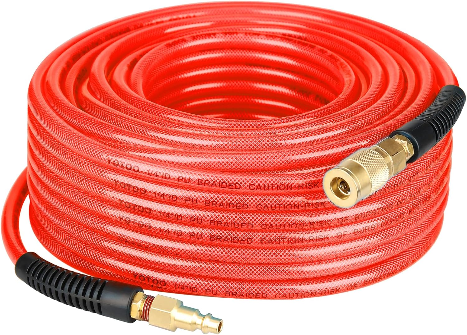 YOTOO Reinforced Polyurethane Air Hose 1/4" Inner Diameter by 100' Long, Flexible, Heavy Duty Air Compressor Hose with Bend Restrictor, 1/4" Swivel Industrial Quick Coupler and Plug, Red