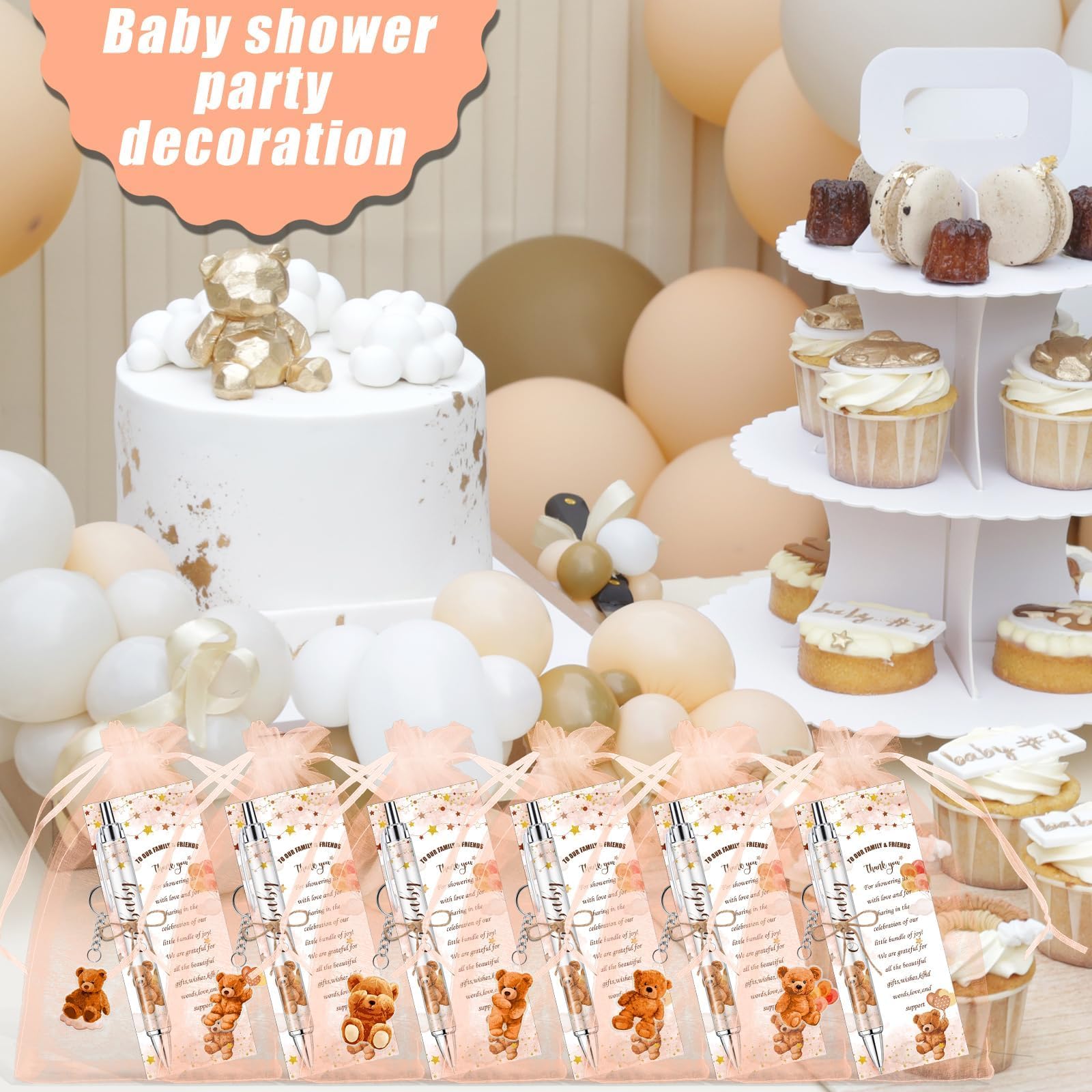 145 Stück Gastgeschenke für Babypartys, brauner Teddybär-Kugelschreiber und Schlüsselanhänger, Geschenke, Großpackung, einziehbare Babyparty-Stifte, Grußkarten, Souvenirs, Preise