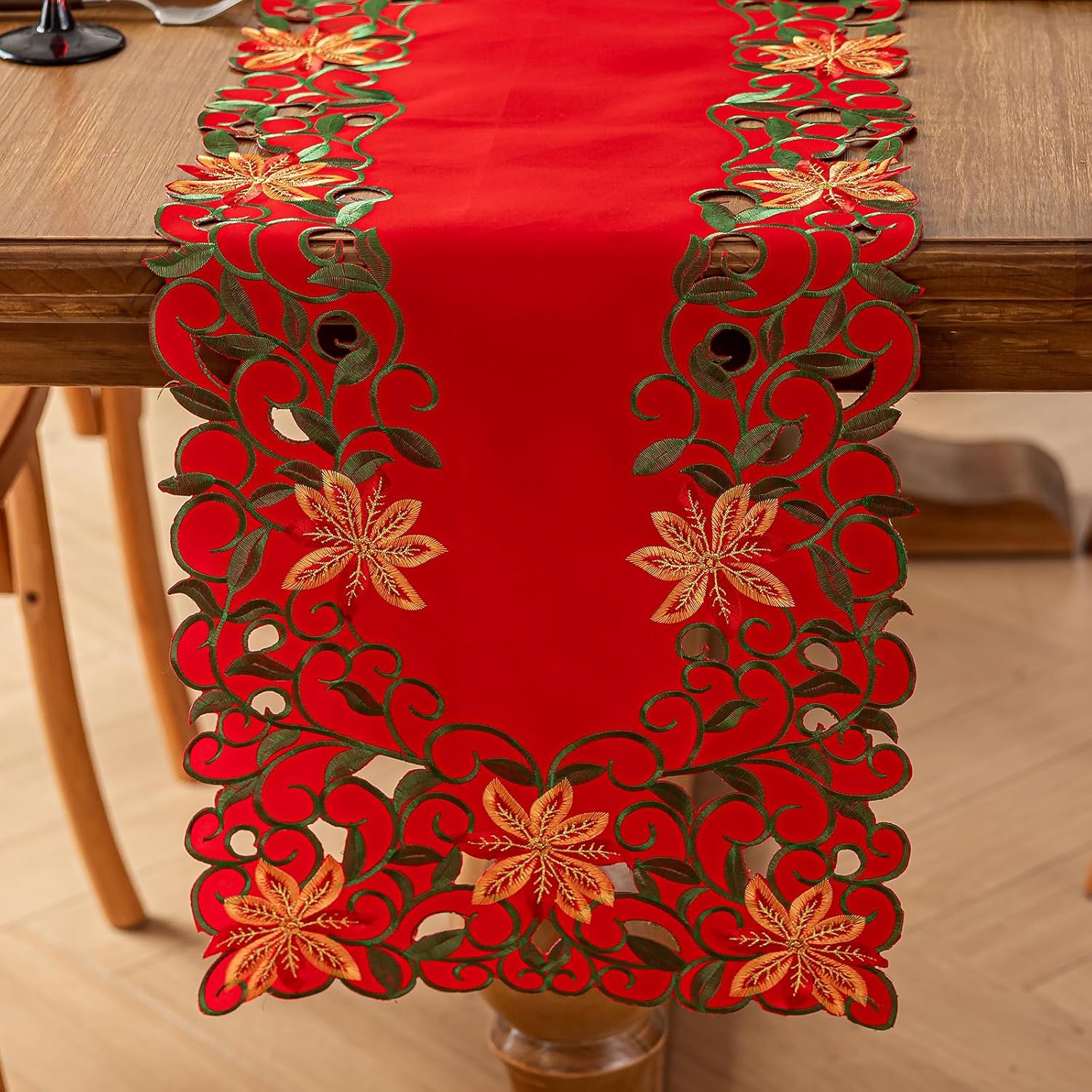 Joyfol Day Christmas Red Flowers Table Runner 14 x 86 Inch, Cutwork Embroidered Florals Table Runners, for Xmas Holiday Winter Festival Kitchen Dining Tabletop Decoration