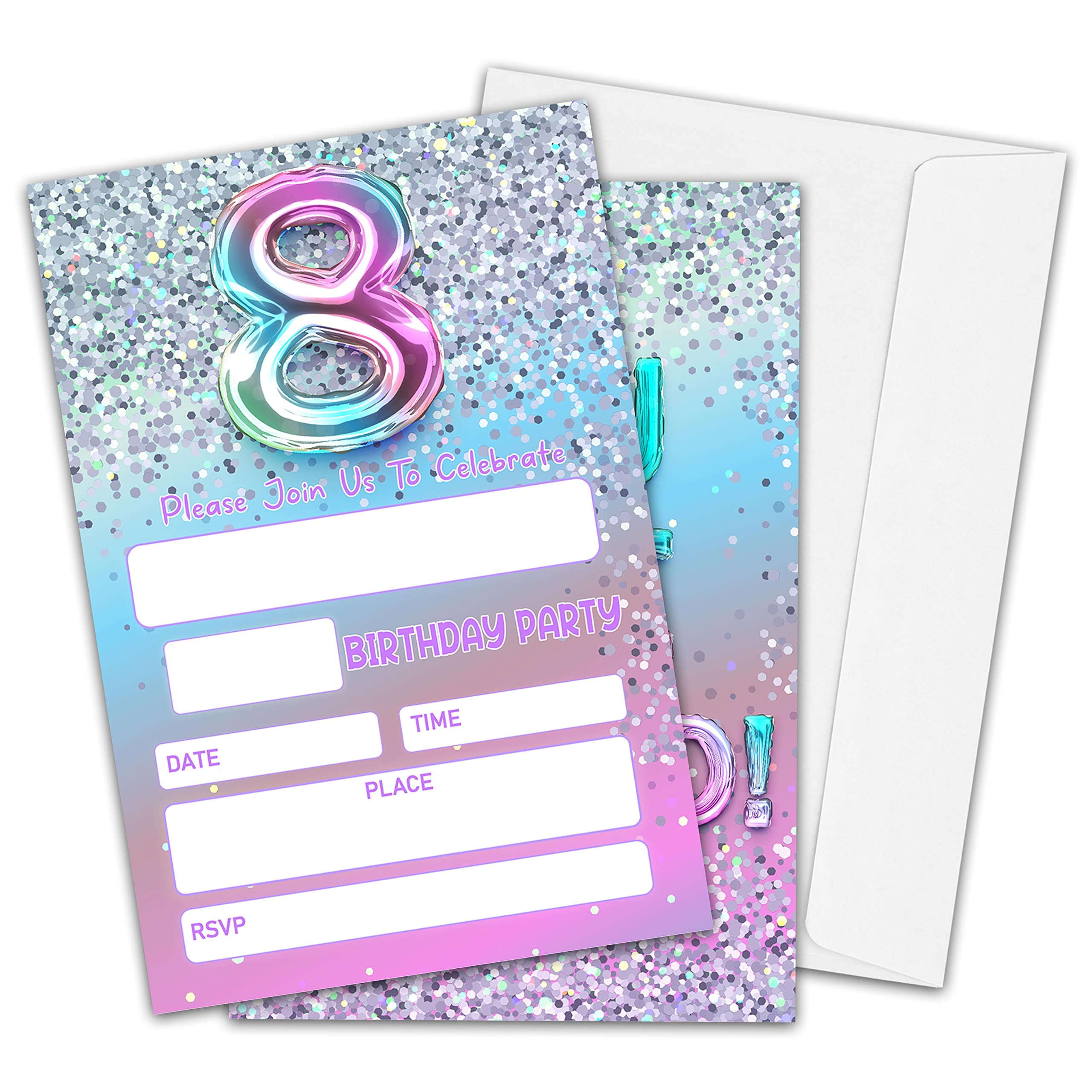 HEZNZXQ 8th Birthday Party Invitations for Girls or Boys, Silver Glitter Theme Birthday Parties Supplies Decorations, Rainbow Balloons Fill-in Invites