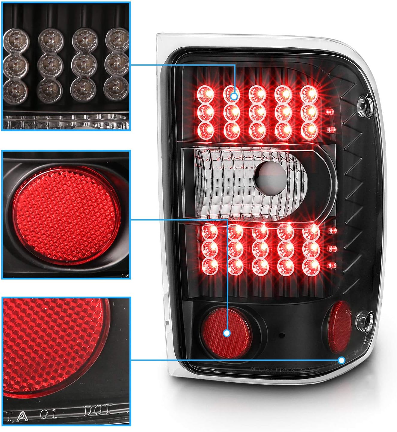 AmeriLite Black LED Replacement Brake Tail Lights For 2001-2011 Ford Ranger - Passenger and Driver Side
