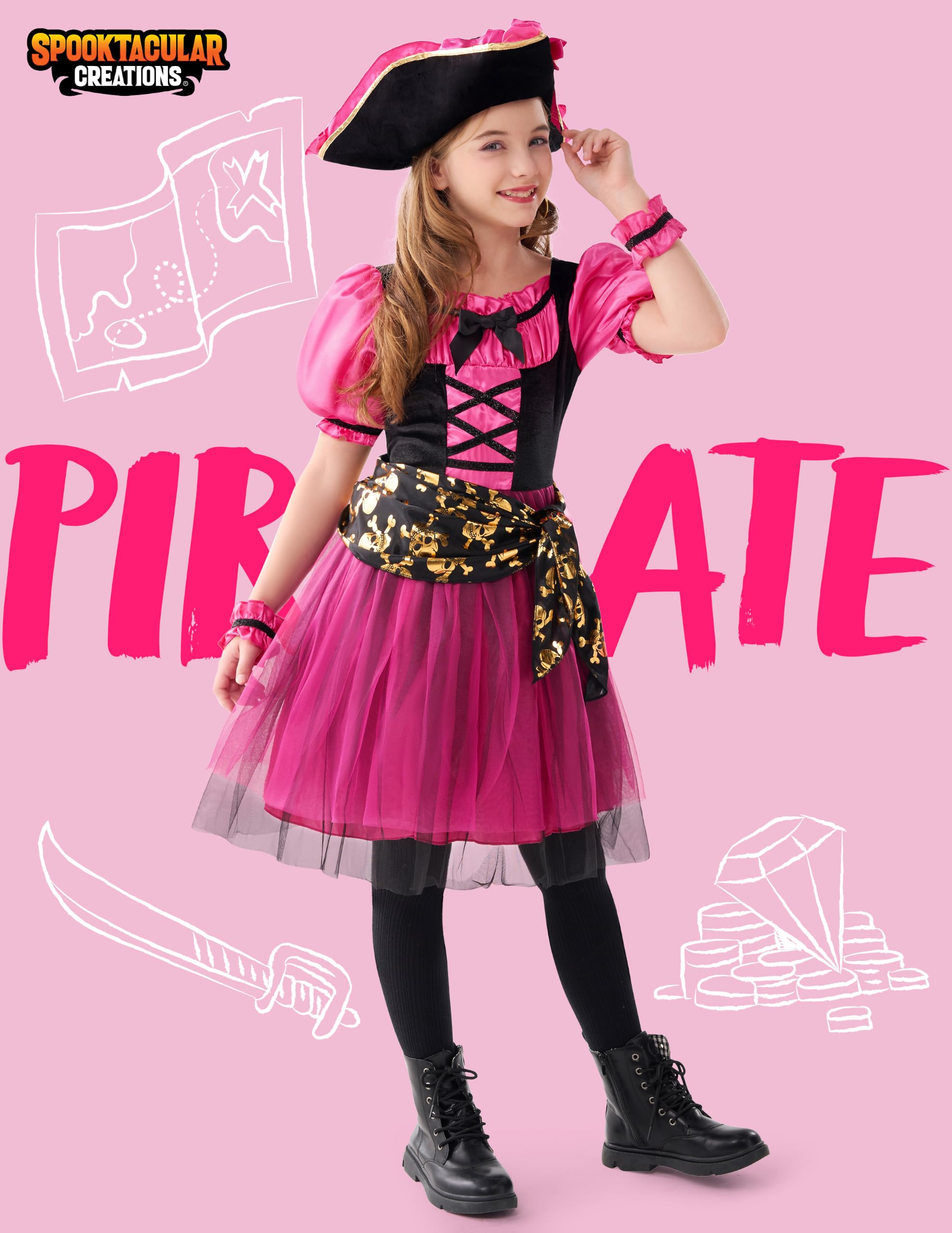 Spooktacular Creations Costume di Halloween per Ragazze, Costume da Pirata per Bambini, Abito da Pirata Magenta per Ragazze Festa di Halloween Gioco di Ruolo da Principessa Pirata (Piccolo (5-7 Anni))