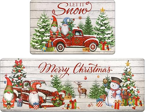 Pauwer Juego de 2 alfombras de cocina de Navidad, tapete de cocina para árbol de Navidad, camión, cocina, antideslizante, antifatiga, juego de