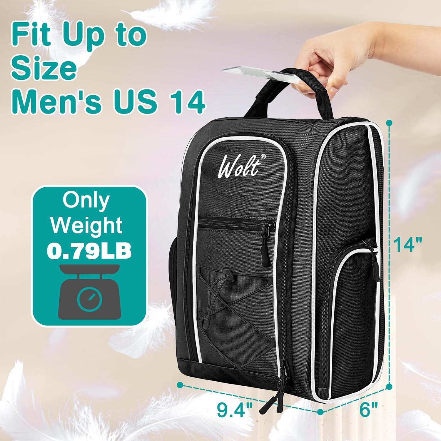 Wolt |Golf Shoe Bag for Travel- Zippered Shoes Carrier Bags with Ventilation & Double Outside Accessory Pocket for Socks, Tees, Golf Balls, Etc. for Women and Men (Black) - Image 2