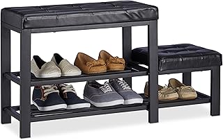 Relaxdays Scarpiera con poggiapiedi, comoda imbottitura del sedile, 2 livelli, scarpiera per bambini, 50 x 30,5 x 90,5 cm, nero