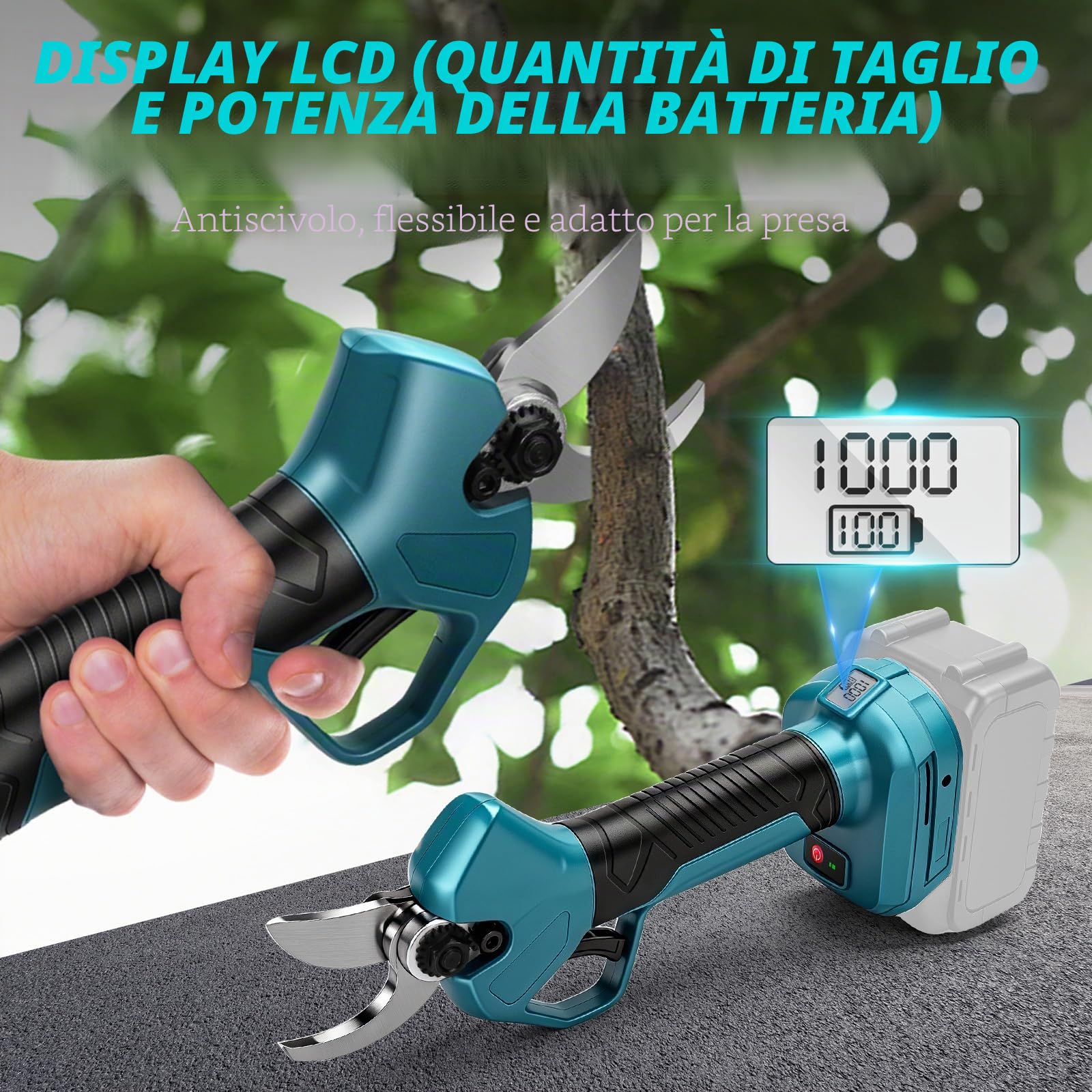 Forbice da Potatura Accu per Batteria Makita 18 V (senza batteria), motore brushless, apertura max 45 mm, sega elettrica per rami, forbice da potatura con display LCD, per rami di alberi, fiori