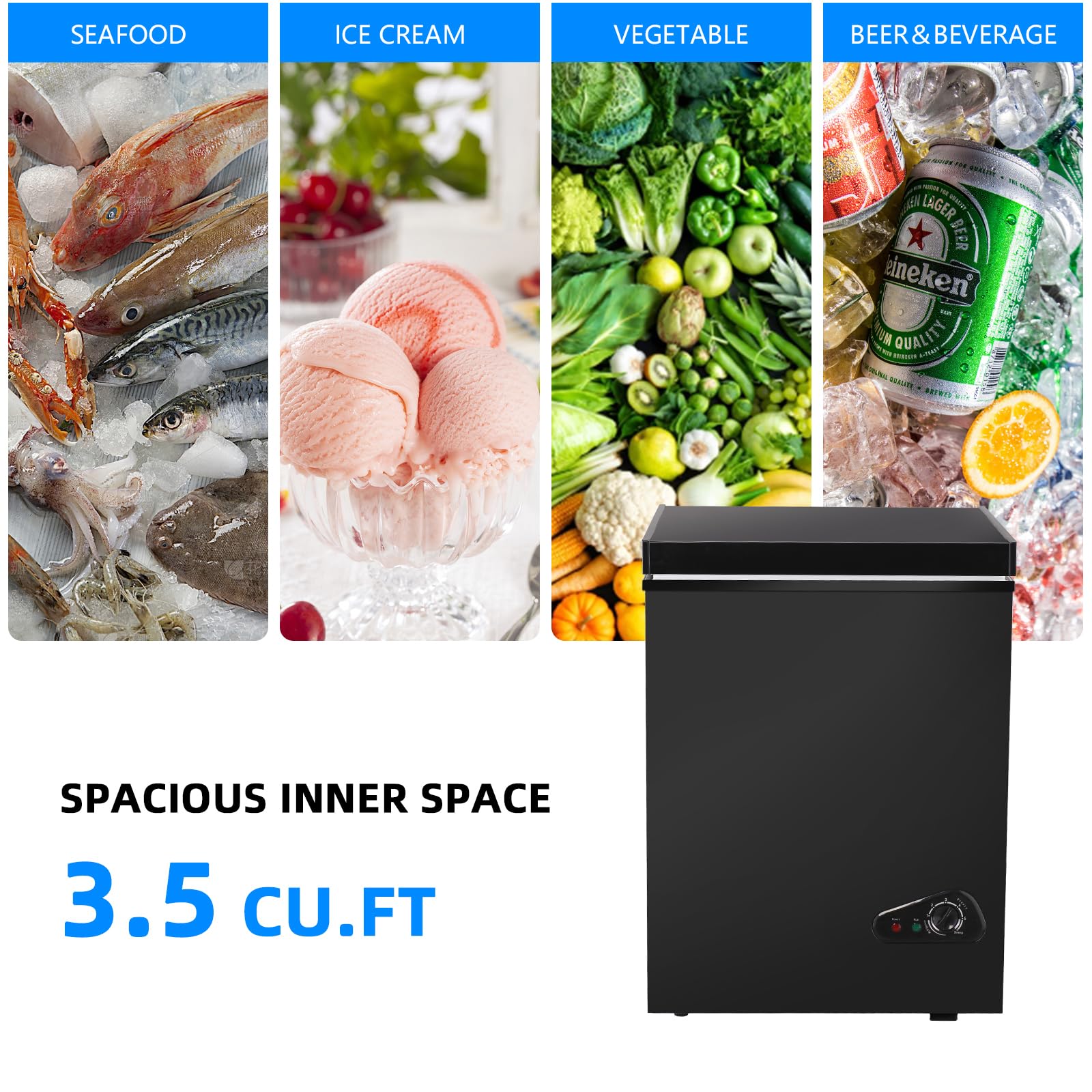 Geekman Chest Freezer 3.5 Cubic Feet Capacity With Removable Basket, Defrost Water Drain, 6 Level Adjustable Temperature, Energy Saving, And Top-Open Door For Home, Bar, Office (Black) on Fridge.com - View 5