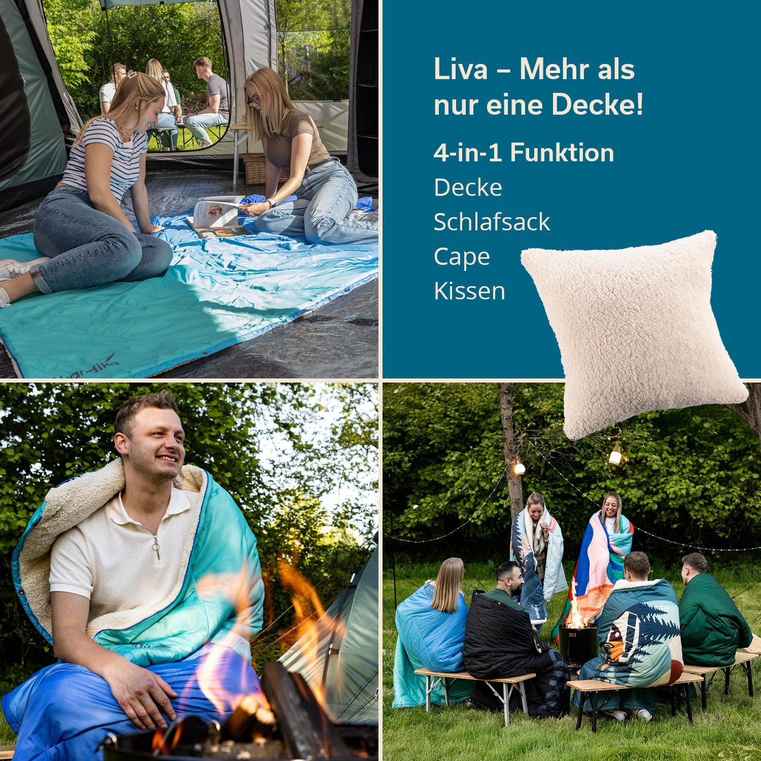 Skandika Liva Sherpa koc kempingowy 4 w 1, koc outdoorowy, 200 x 135 cm, narzuta, śpiwór, poduszka, ze spodem z pluszowego futra, watowanie poliestrowe, wodoszczelny, na kemping, akcesoria