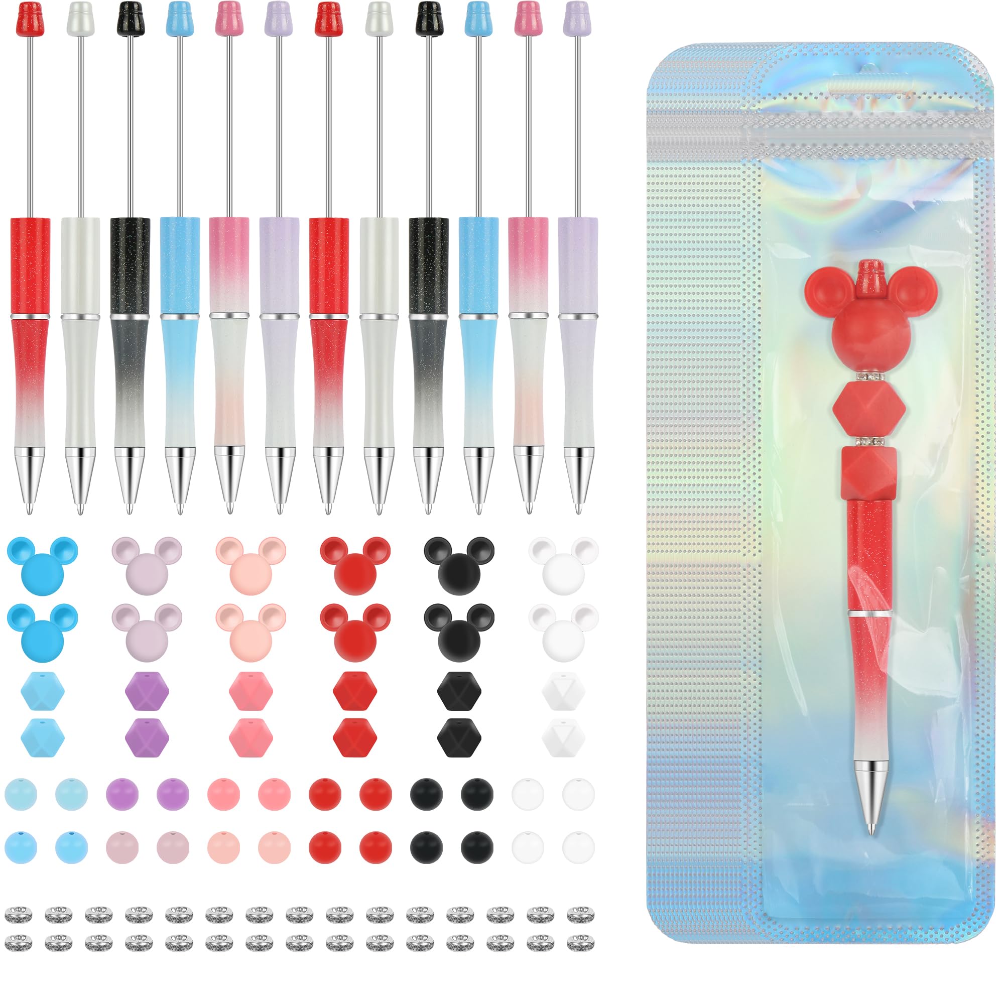 12 Set Beadable Pens Assorted Beaded Pen Bulk, Black Ink Ballpoint Pen with Cartoon Mouse Head Silicone Bead Crystal Spacer Beads Pack Bag for Kids Students DIY Craft Office School Supplies