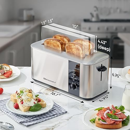 Miniatura 6 de Elite Gourmet ECT3401 - Tostadora de 4 rebanadas de ranura larga, ancho de ranura de 1.5 pulgadas, 6 ajustes de sombra de tostada, funciones de