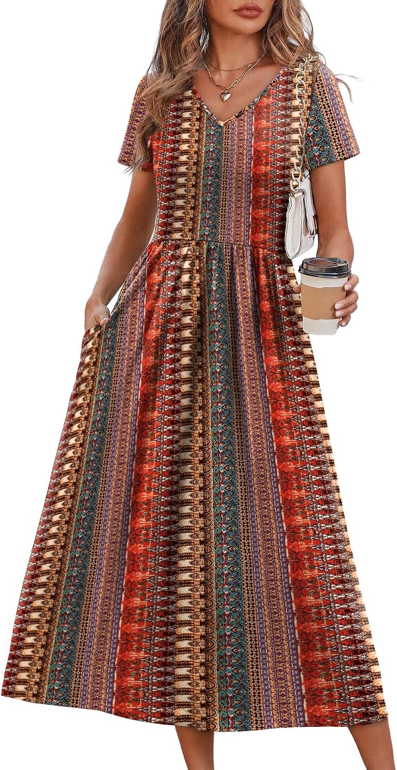 OFEEFAN Summer Dresses for Women Flowy Casual A-Line Midi Dress Beach Vacation Sundresses with Pockets S-2XL