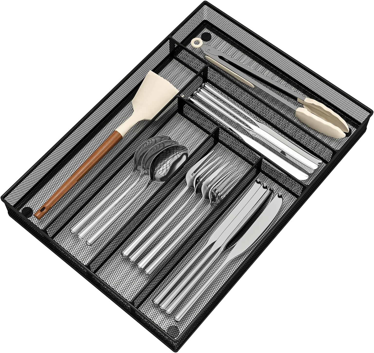 Sedegn Silverware Organizer Metal Mesh, Large Drawer Organizer, Utensil Cutlery Tray for kitchen drawers, Flatware Organizer with 6 Compartment, Black (11.3”*16“)