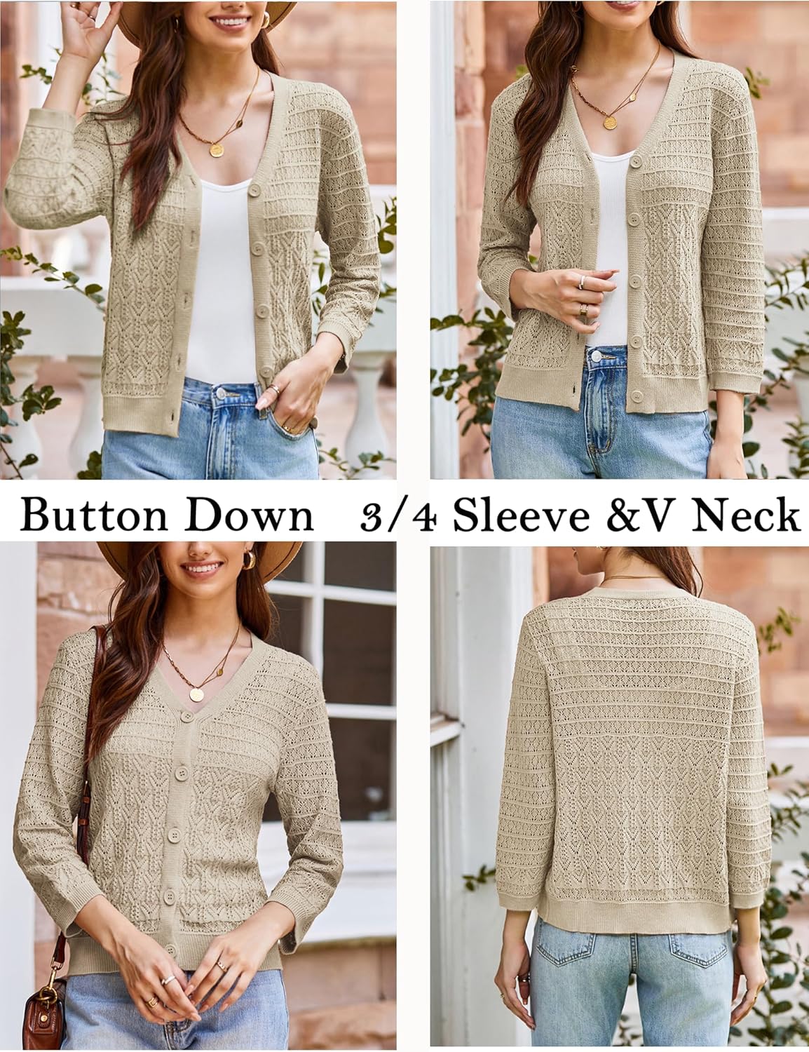 GRACE KARIN Women Lightweigt Crochet Knit Cardigan, 3/4 Sleeve Cropped Shrugs, Spring Button Down Sweaters Tops - Image 2