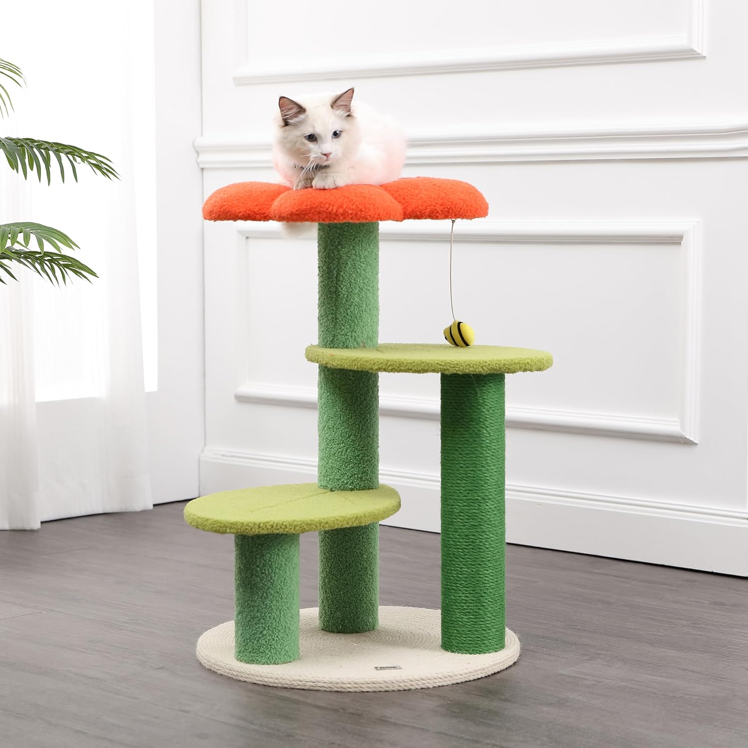 CTR1007A Poppy 29" 3-Tier Modern Jute Flower Cat Tree with Dangling Toy, Orange/Green