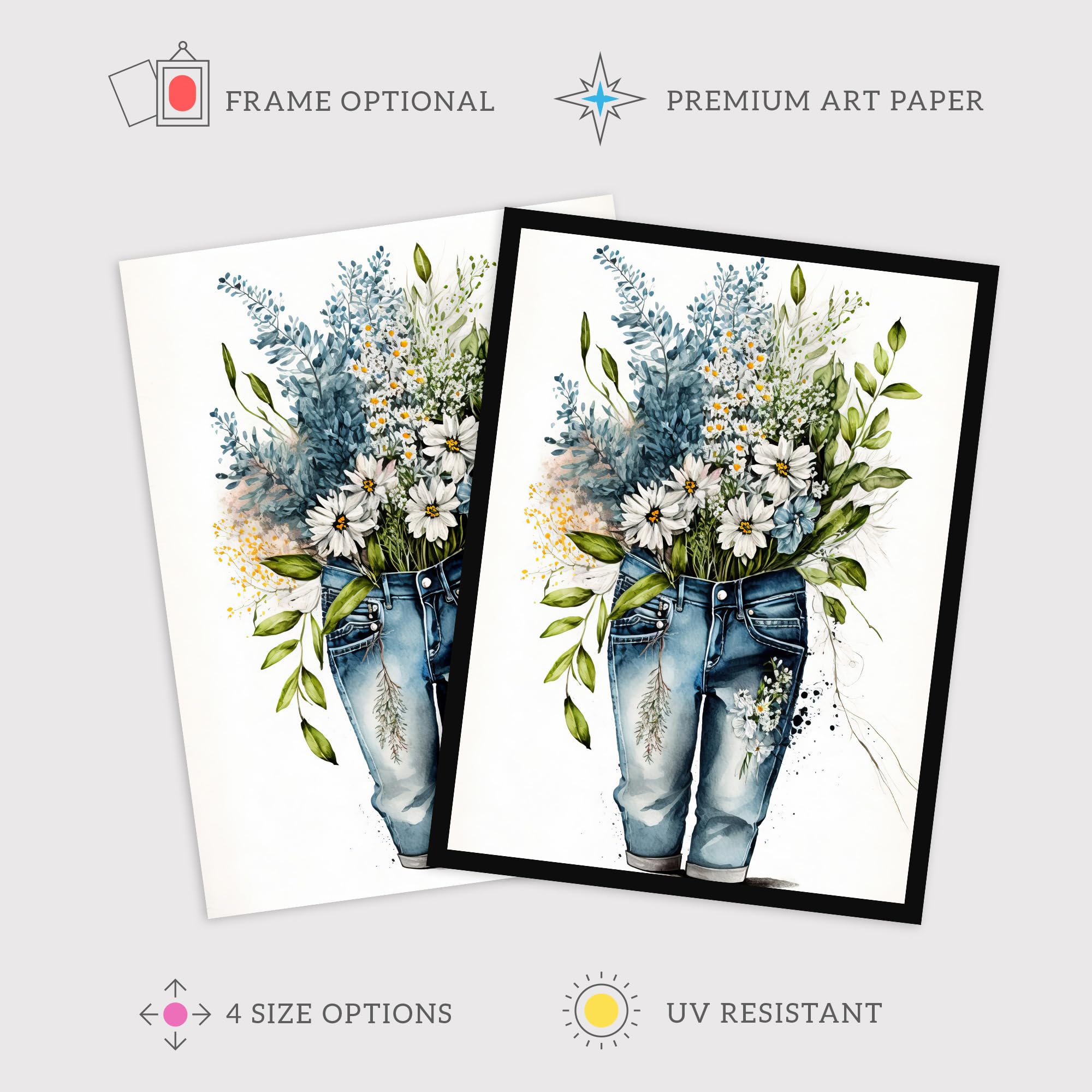 Wee Blue Coo Wildflower Bouquet in a Pair of Blue Jeans Watercolour Painting Spring Flowers Bursting out of Trousers Extra Large XL Wall Art Poster Print - Image 2