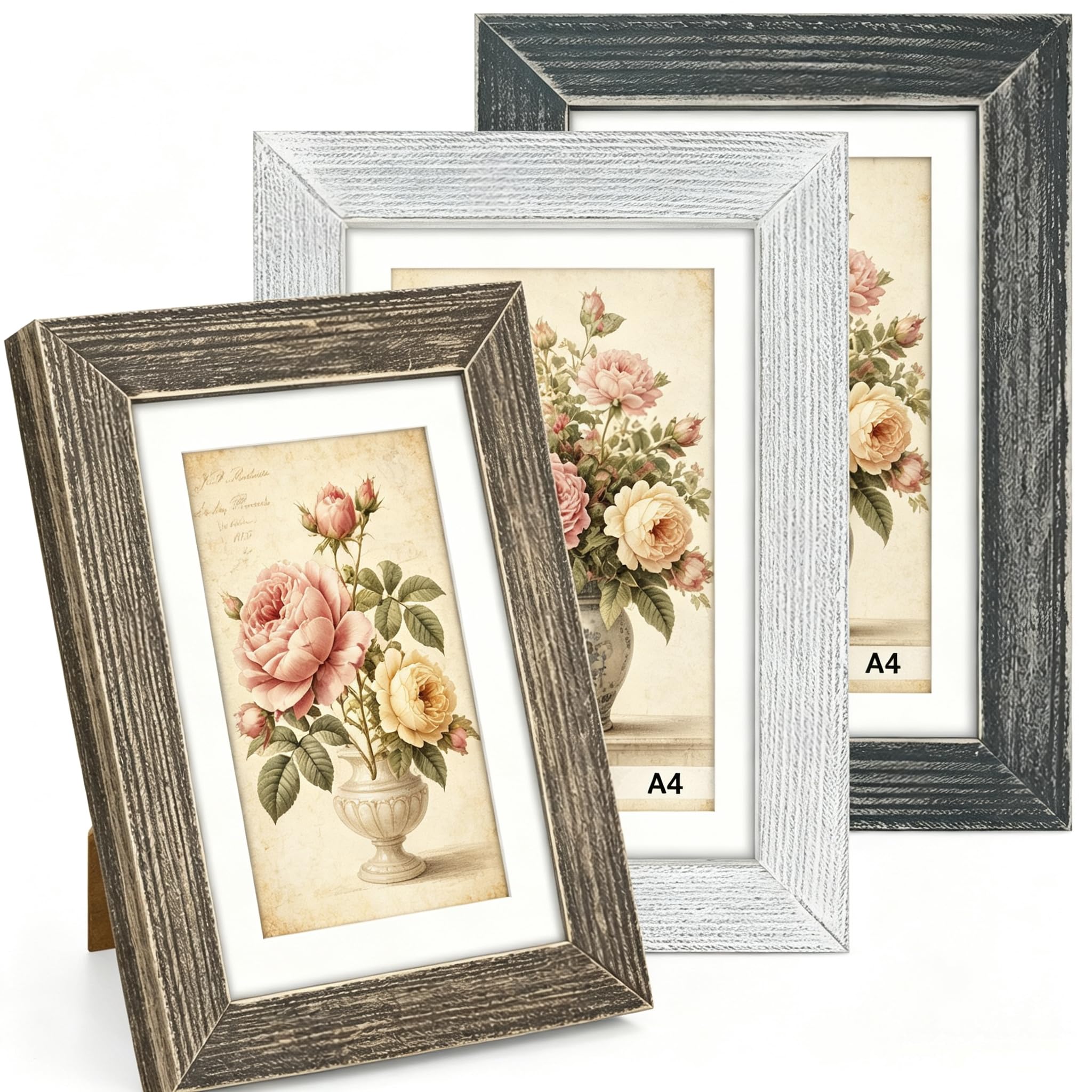 3 Pack A4 Wooden Photo Frames Set, Vintage Picture Frames Farmhouse Style Picture Frames with Plexiglass for Wall and Tabletop Display, for Home Office Living Room Decor (A4)