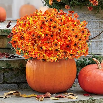 Fall Home Decor Artificial Fall Flowers for Outdoors, 10 Bundles Artificial Plants UV Resistant Fall Fake Plants for Outside Halloween Christmas Porch Decoration Fall Decor(Orange(Eucalyptus))