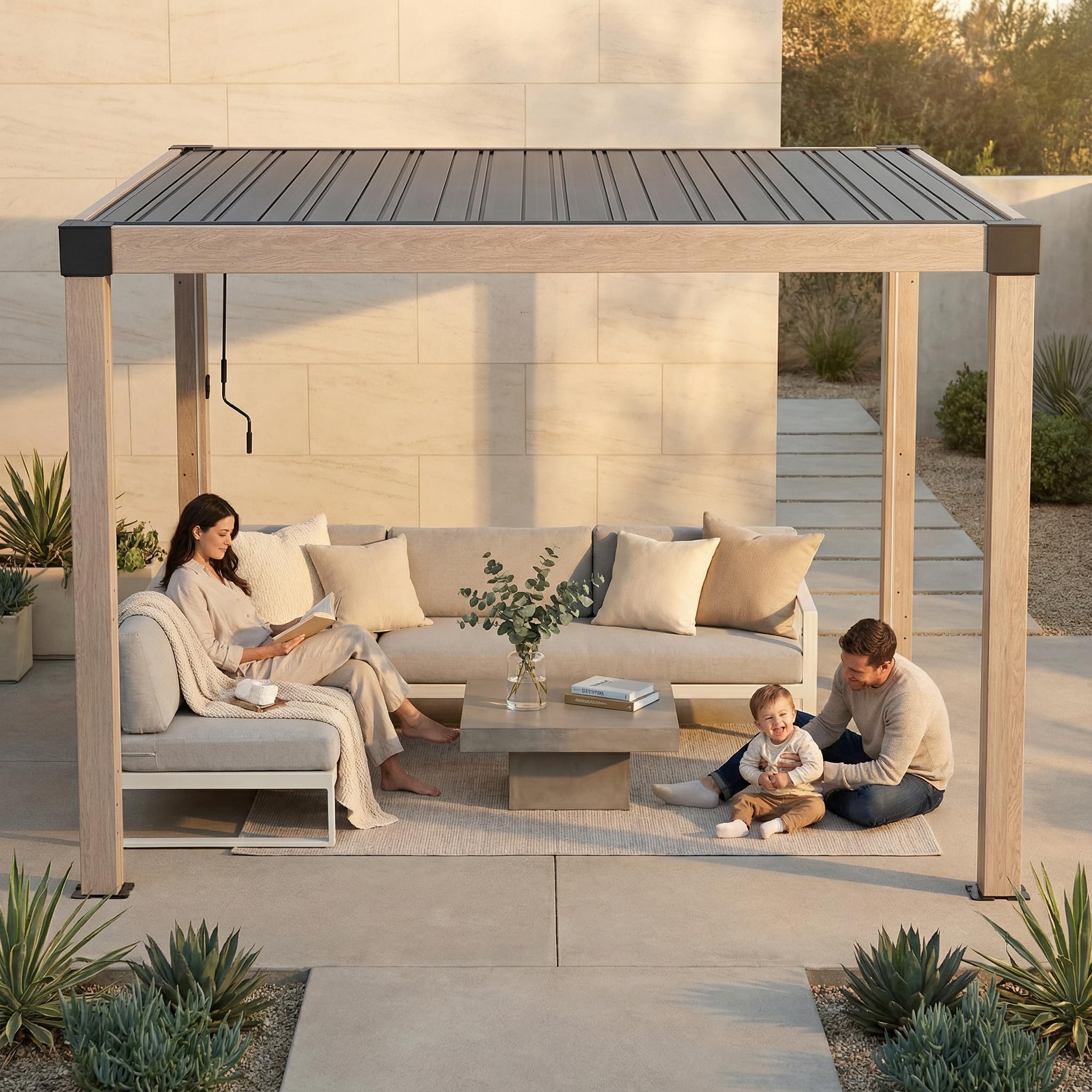 SUNJOY Pergola Ogrodowa 3x3m z zasłonami i siatką przeciwkomarową, Aluminiowa Altana Lamelowa Całoroczna, Ruchomy Dach z Regulacją Kąta, Solidny Pawilon Tarasowy, Efekt drewna