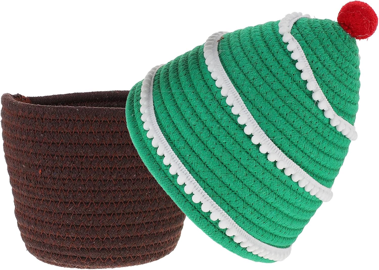 Green Christmas Tree Shaped Cotton Rope Woven Basket with Lid Multi-purpose Storage Basket for Porch Glove Box to Display Items and Decorate Tables
