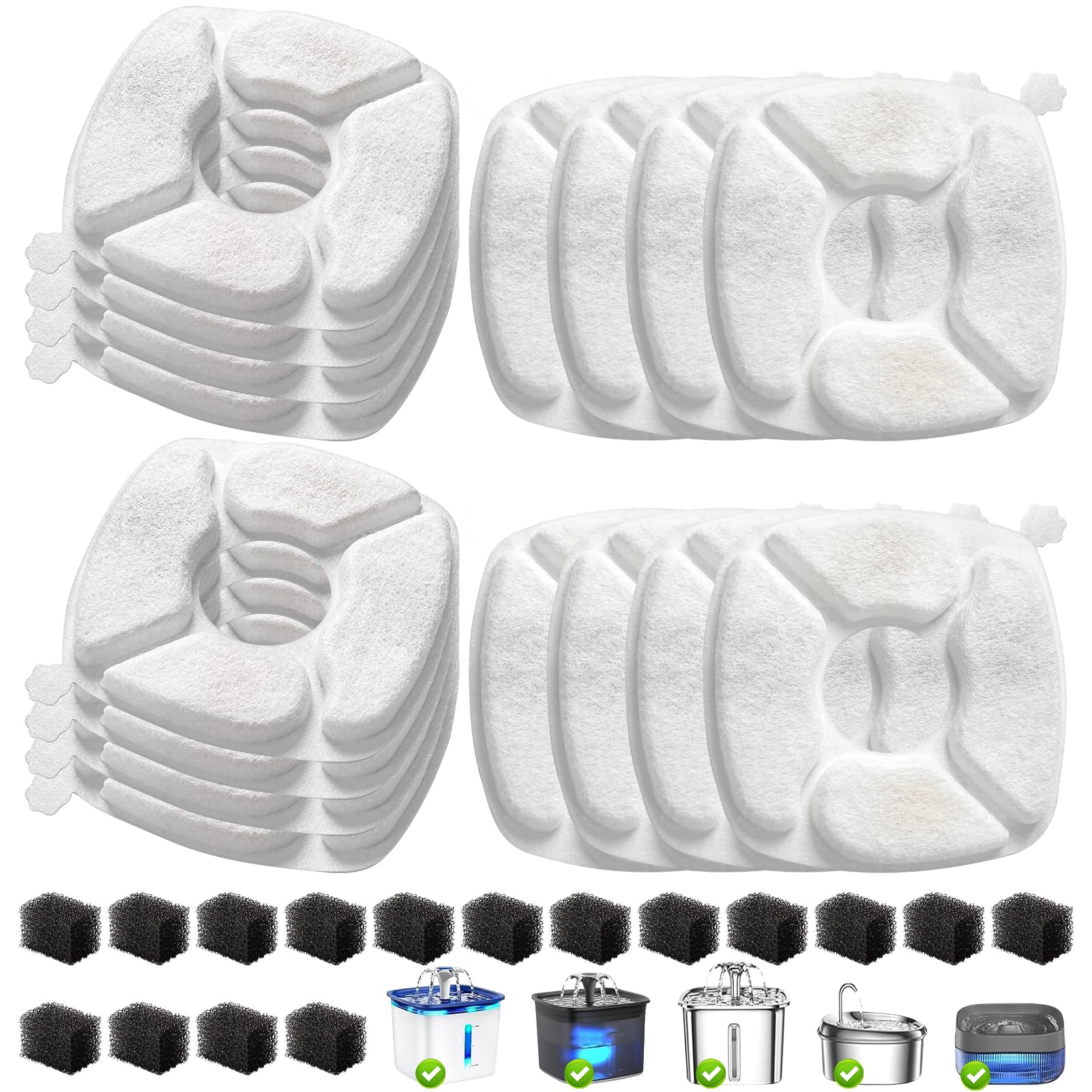 32 Pcs Cat Water Fountain Replacement Filters-16 Pack Cat Fountain Filters with 16 Pack Sponges, Enhanced Compatibility Pet Fountain Filter Fit for
