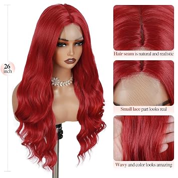 Long Red Wavy Wigs for Women Curly Middle Part Red Wig Natural Looking Synthetic Heat Resistant Fiber Wigs Hair for Daily Party Use Cosplay Halloween