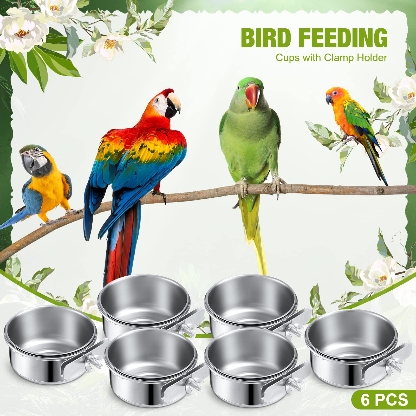 Sabary 6 Pack Bird Feeding Bowls Cups, Parrot Food Water Dishes Stainless Steel Bird Food Bowls with Clamp 10oz Birds Water Feeder for Parakeet Conure Cockatiel Lovebird Budgie Chinchilla Small Animal - image 7